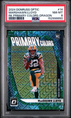 Marshawn Lloyd RC 2024 Donruss Optic Dragon Rookie Primary Colors SP 9/24 PSA 8-1