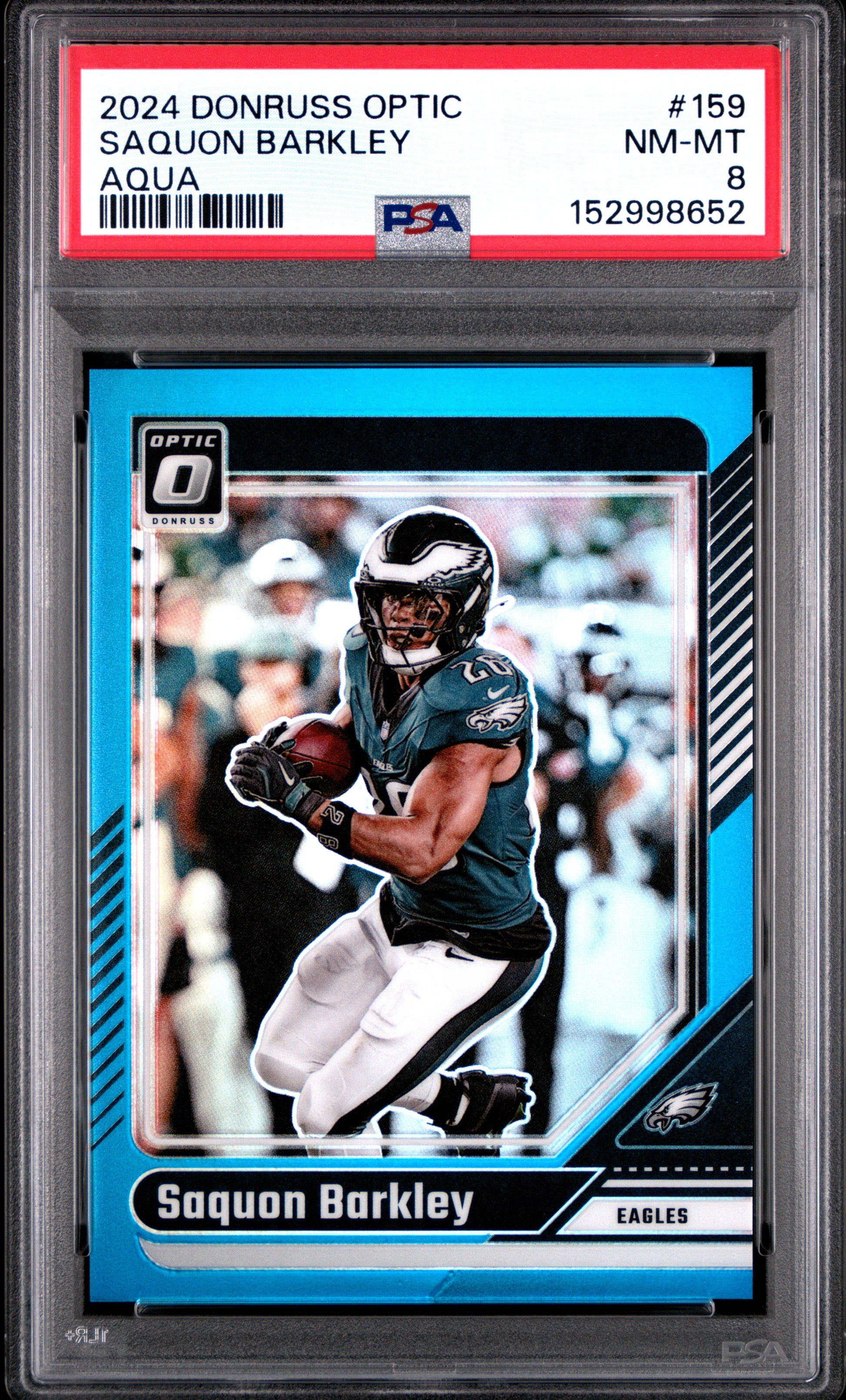 Saquon Barkley 2024 Donruss Optic Aqua Prizm SP 219/299 PSA 8-1