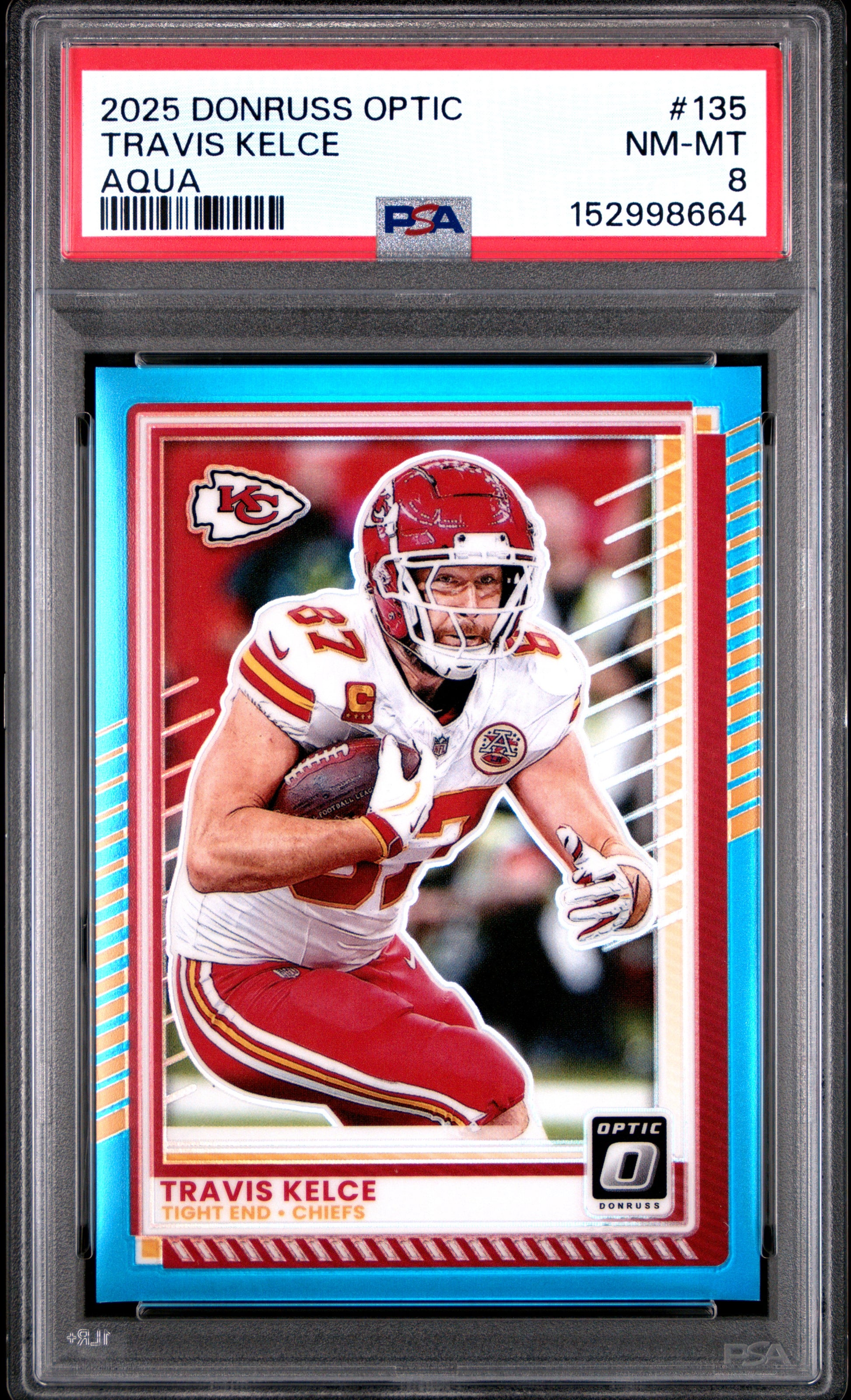 Travis Kelce 2025 Donruss Optic Aqua Prizm SP 112/349 PSA 8-1