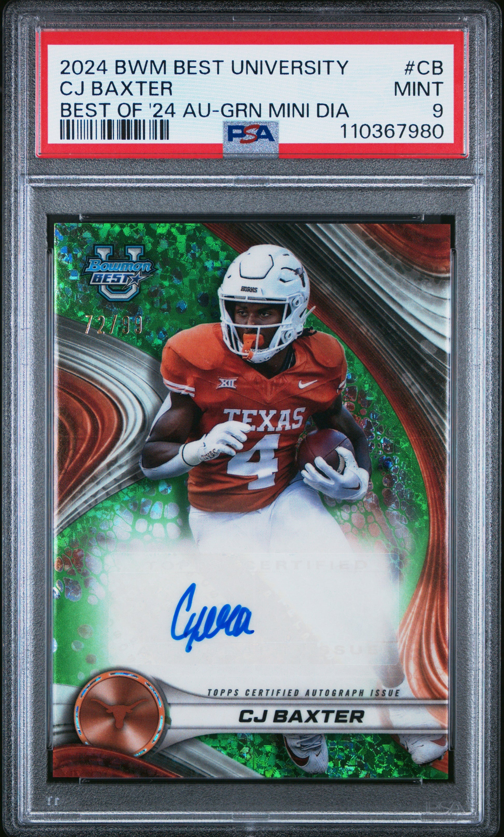 Cj Baxter RC 2024 Bowman U Best Green Mini Diamond Rookie Auto 72/99 PSA 9-1