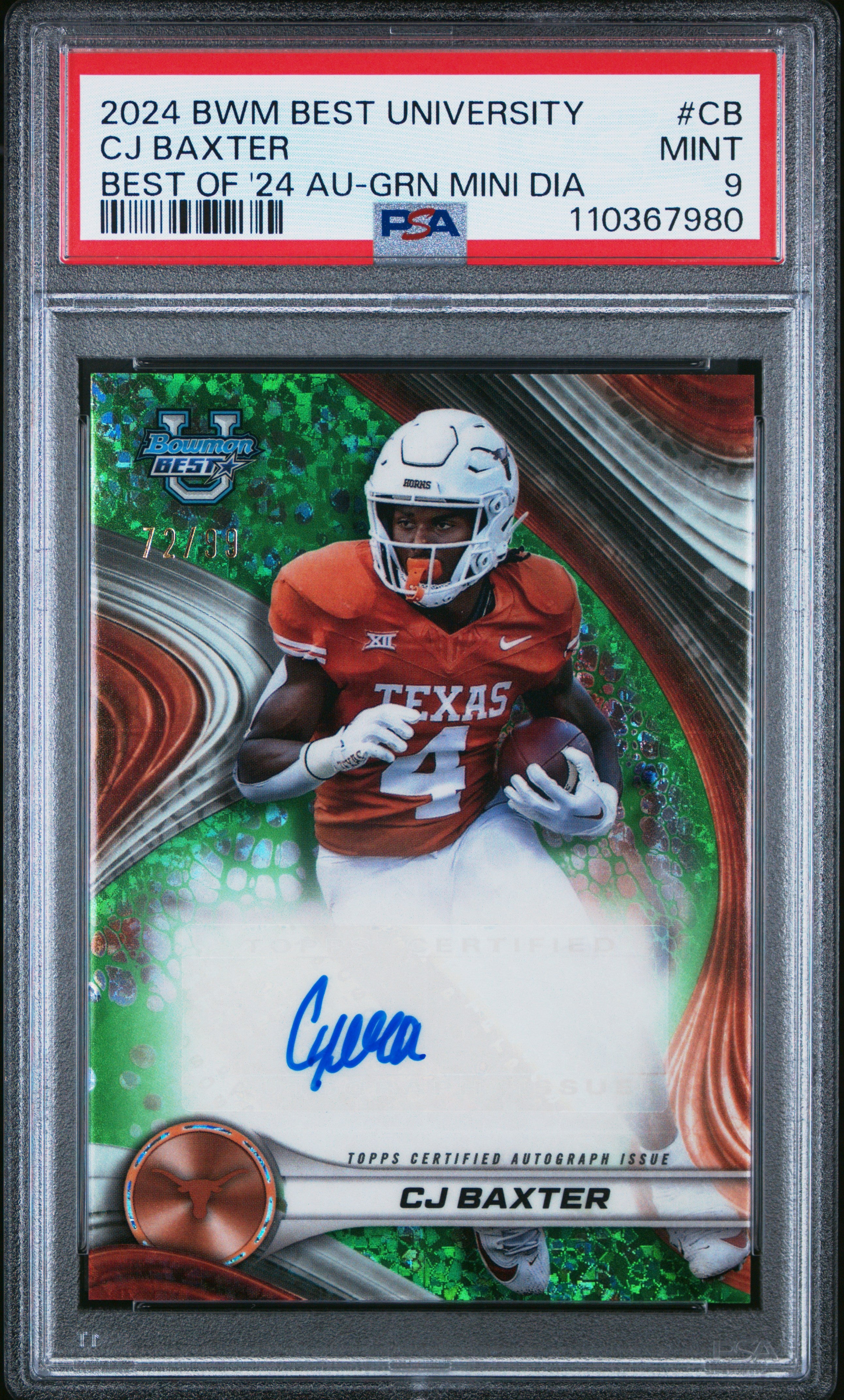 Cj Baxter RC 2024 Bowman U Best Green Mini Diamond Rookie Auto 72/99 PSA 9