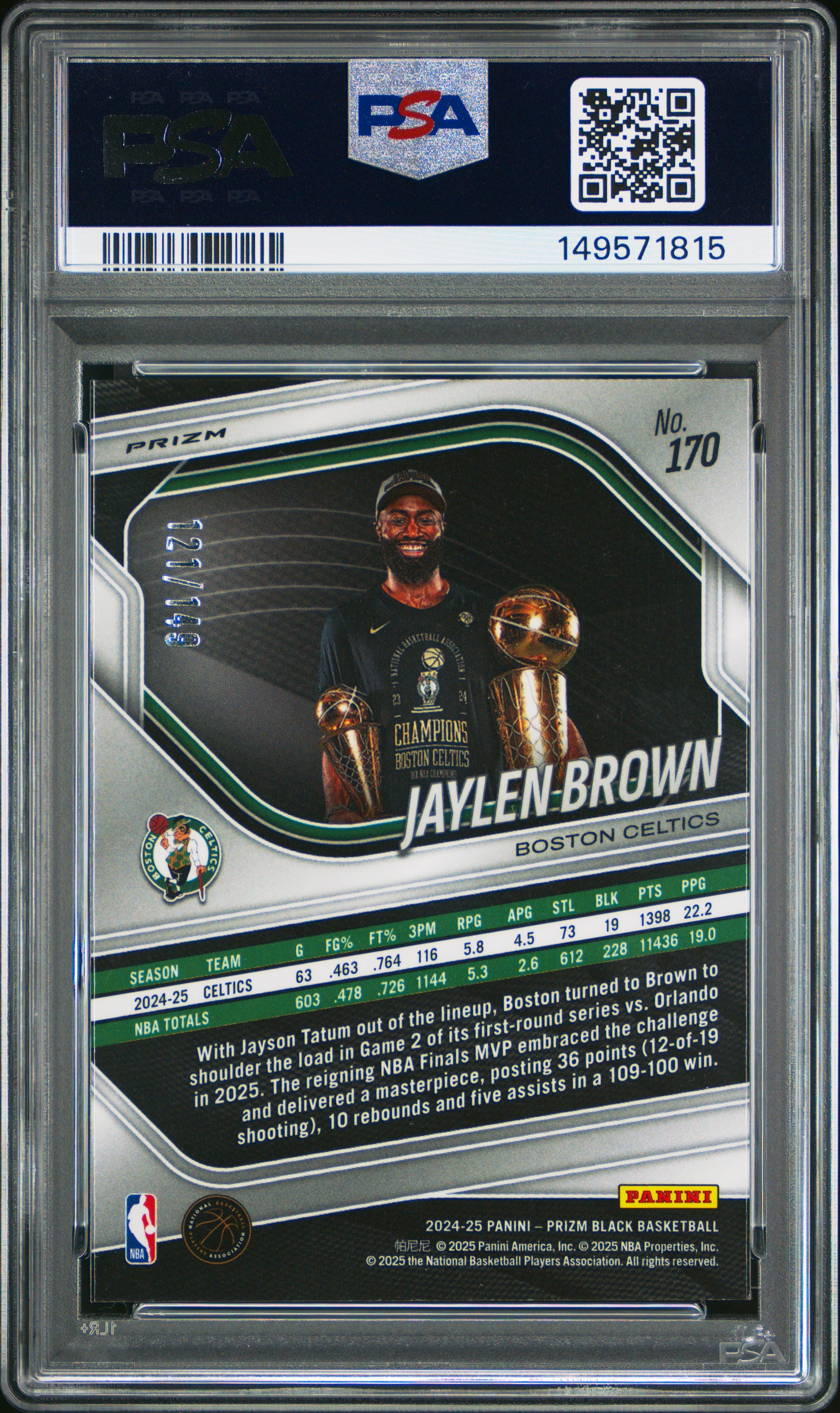 Jaylen Brown 2024-25 Panini Prizm Black Purple Ice SP 121/149 PSA 9-2