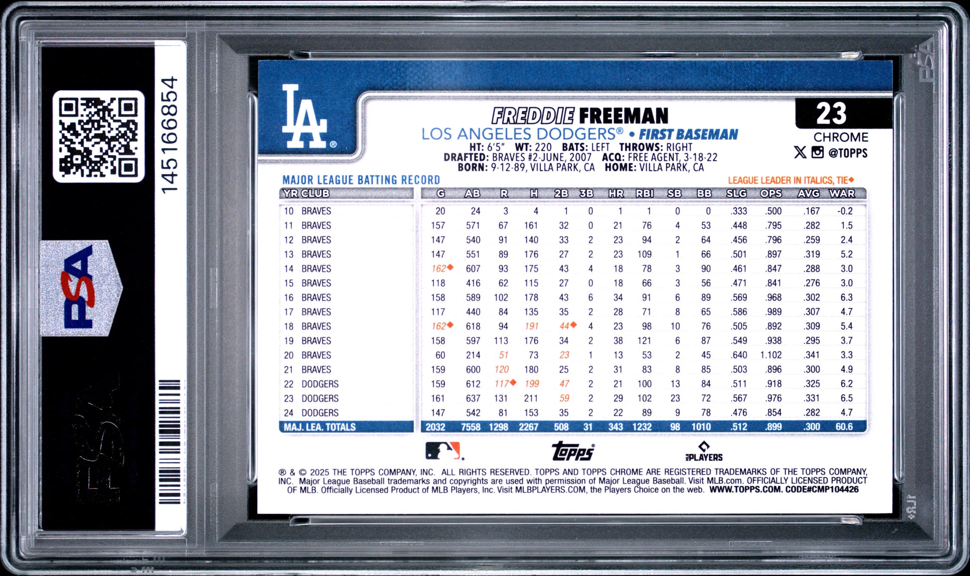 Freddie Freeman 2025 Topps Chrome Logofractor Purple SP 239/250 PSA 9-2