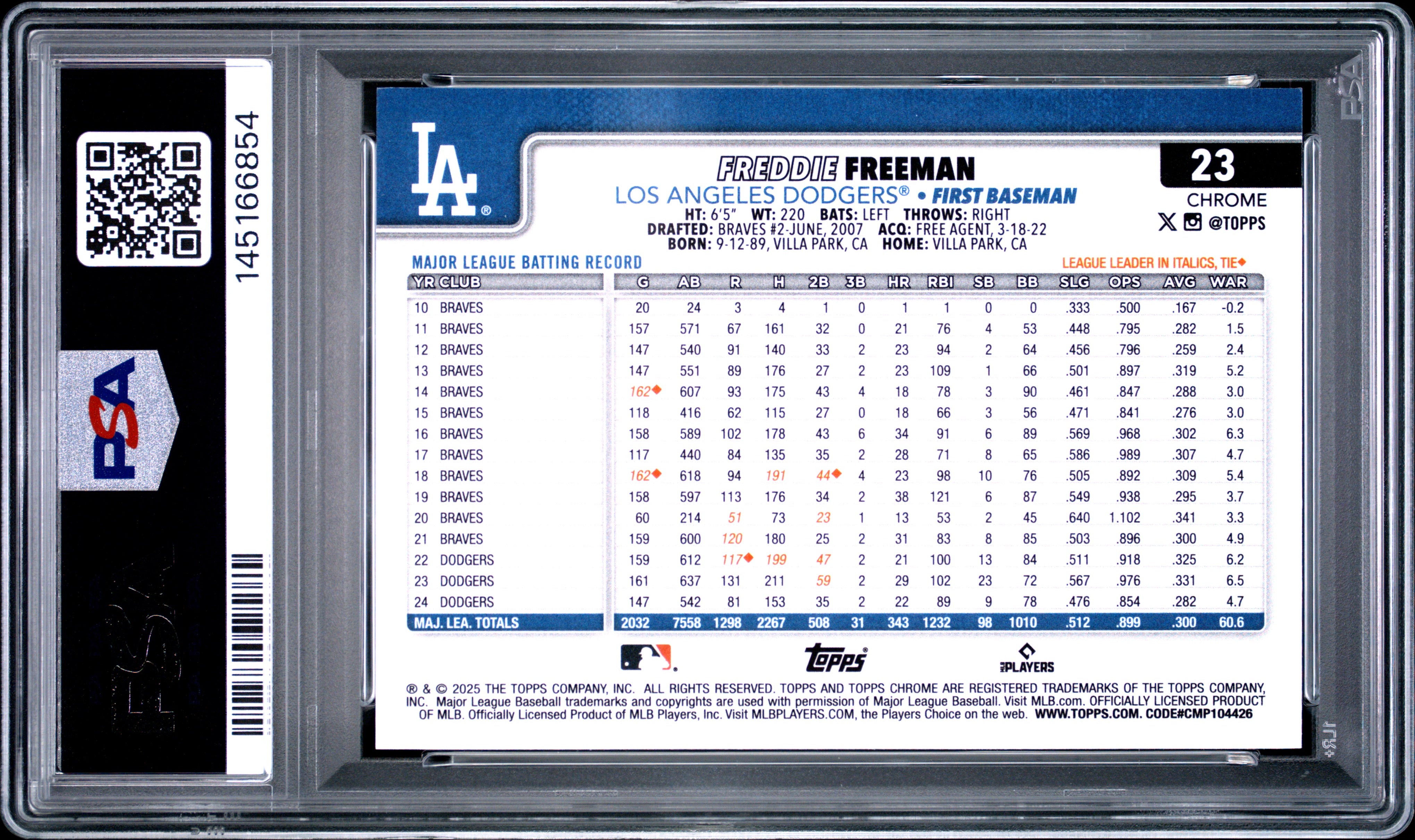 Freddie Freeman 2025 Topps Chrome Logofractor Purple SP 239/250 PSA 9-2