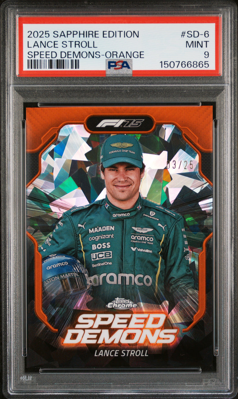 Lance Stroll 2025 Topps Chrome Sapphire Orange Speed Demons SP 3/25 PSA 9-1