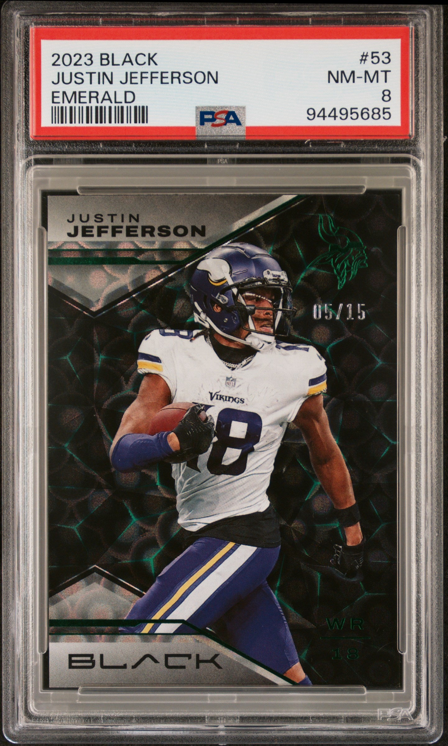 Justin Jefferson 2023 Panini Black Emerald Green SP 5/15 PSA 8