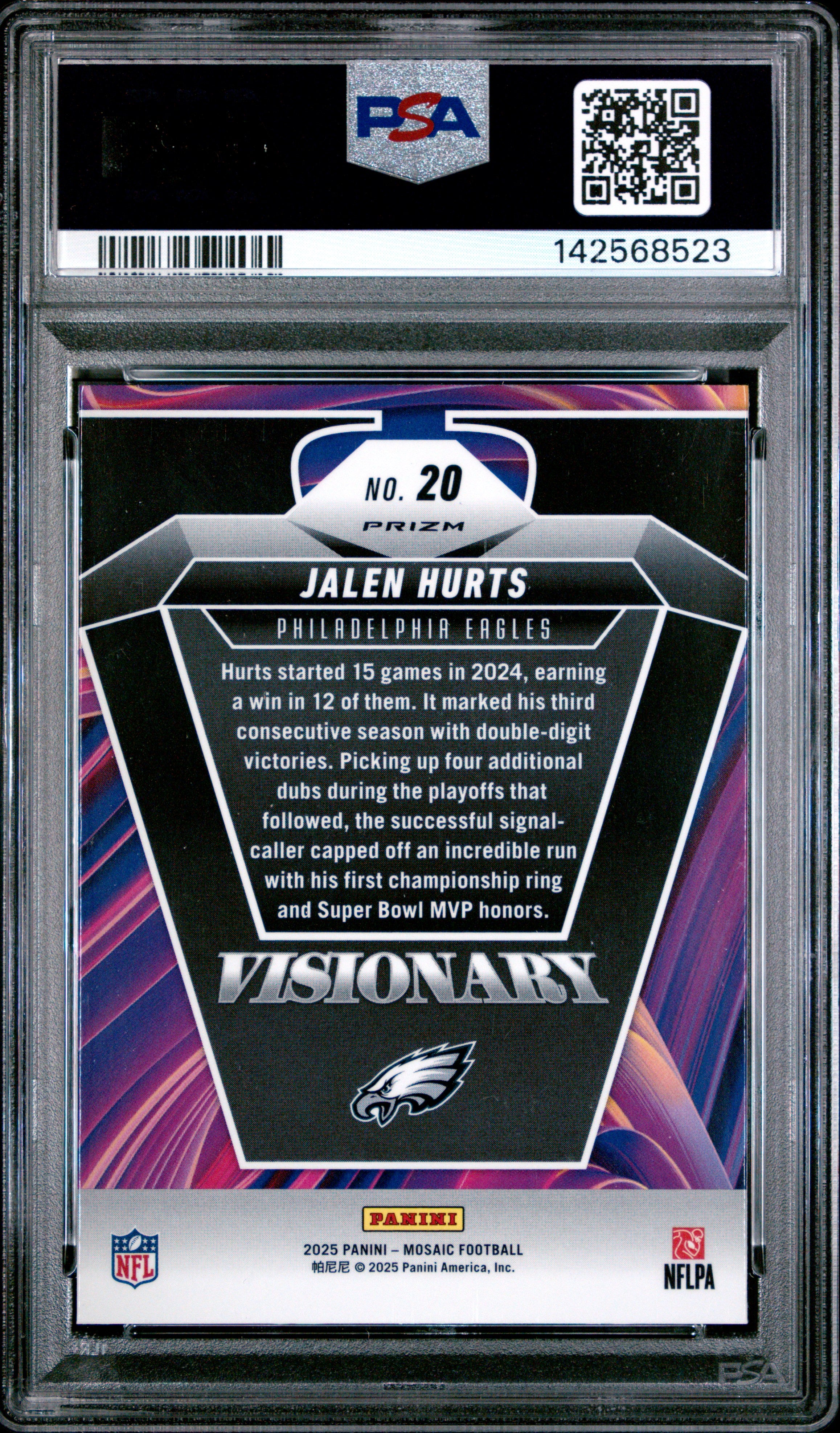 Jalen Hurts 2025 Panini Mosaic Visionary Case Hit SSP #20 PSA 9-2
