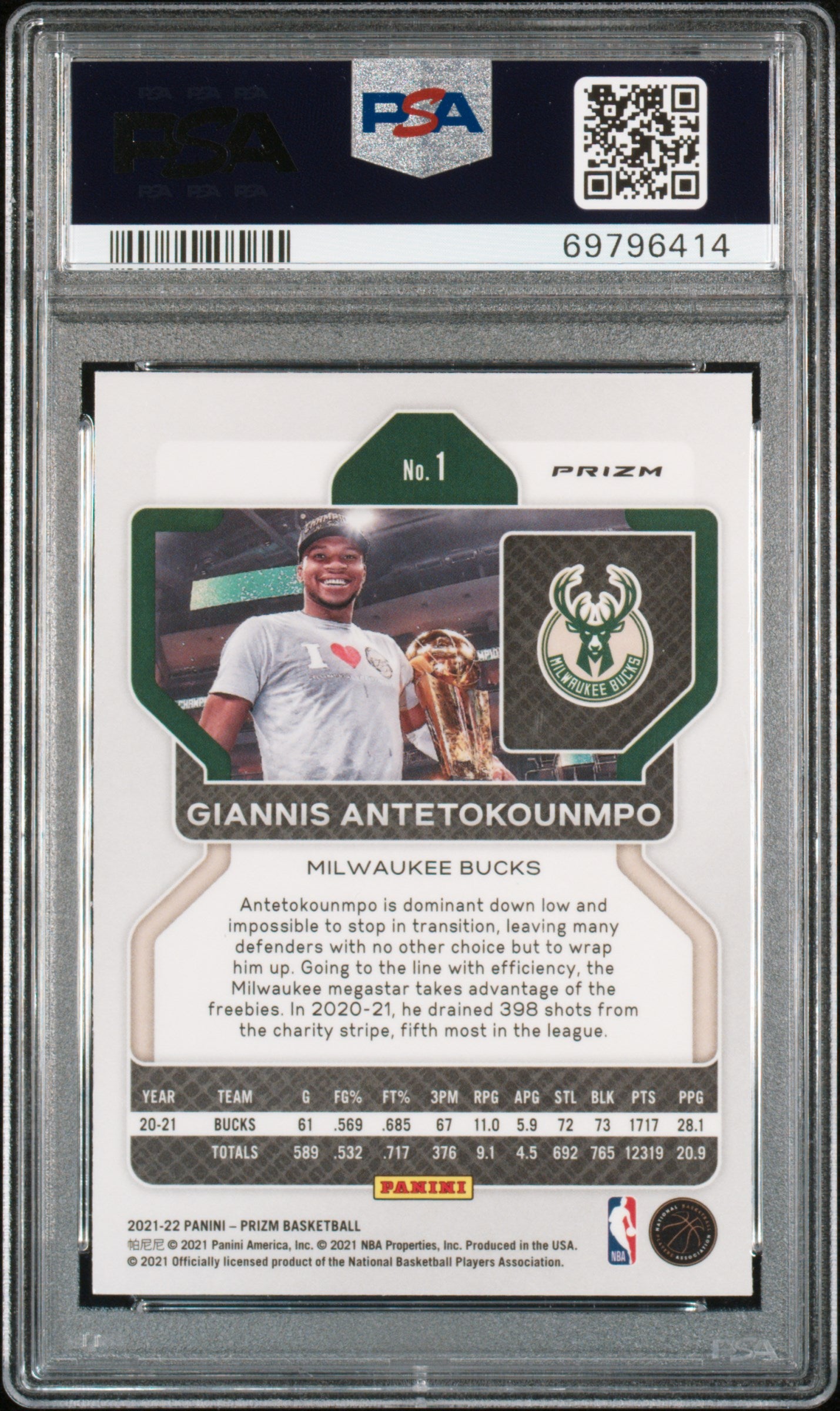Giannis Antetokounmpo 2021-22 Panini Prizm Purple Wave #1 PSA 10-2
