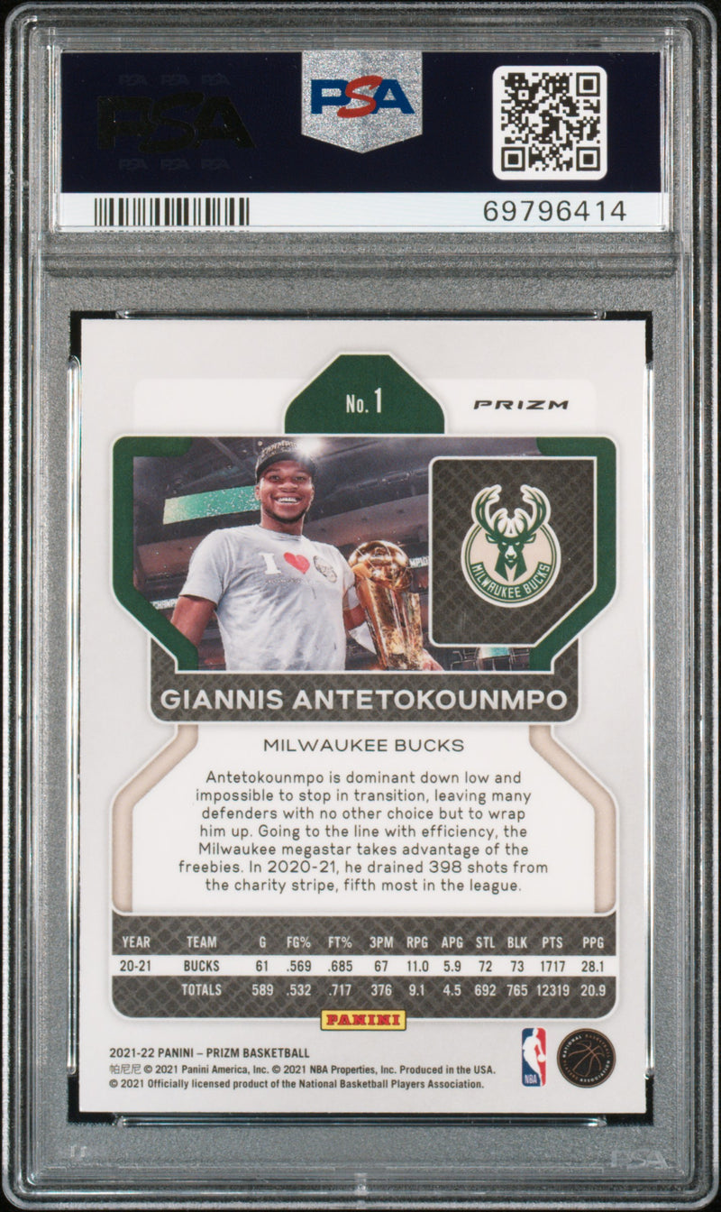 Giannis Antetokounmpo 2021-22 Panini Prizm Purple Wave #1 PSA 10-2