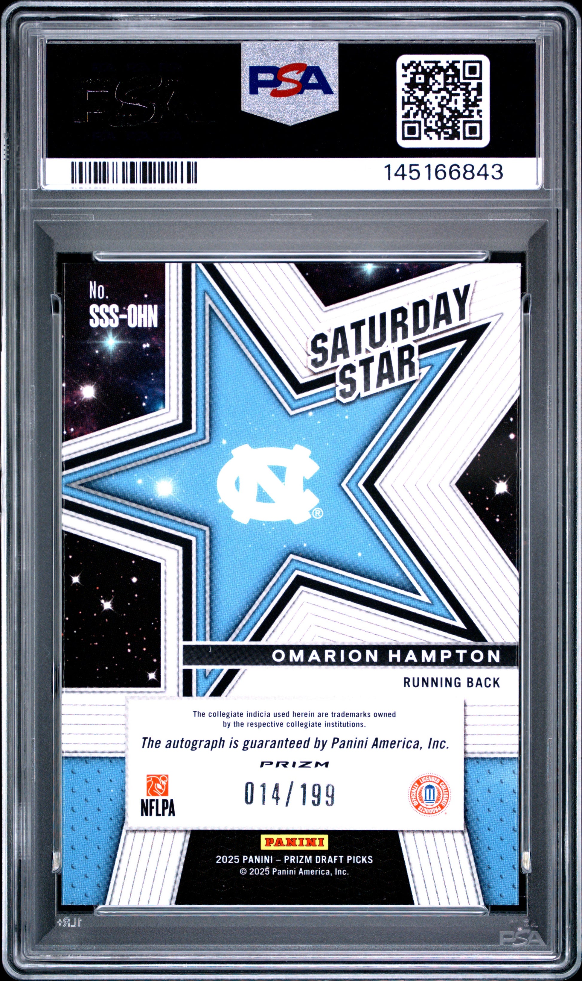 Omarion Hampton RC 2025 Panini Prizm Draft Purple Ice Saturday Star Rookie Auto SP 14/199 PSA 10-2