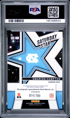 Omarion Hampton RC 2025 Panini Prizm Draft Purple Ice Saturday Star Rookie Auto SP 14/199 PSA 10-2