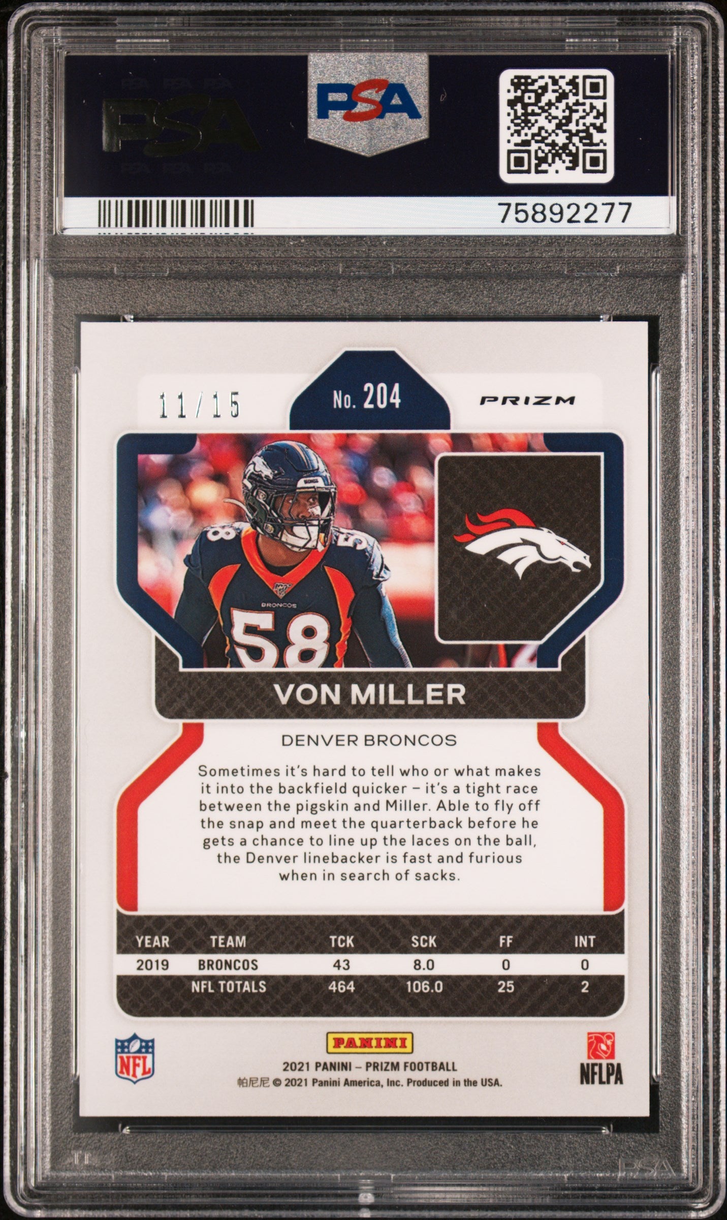 Von Miller 2021 Panini Prizm Forest Camo SP 11/15 PSA 9-2