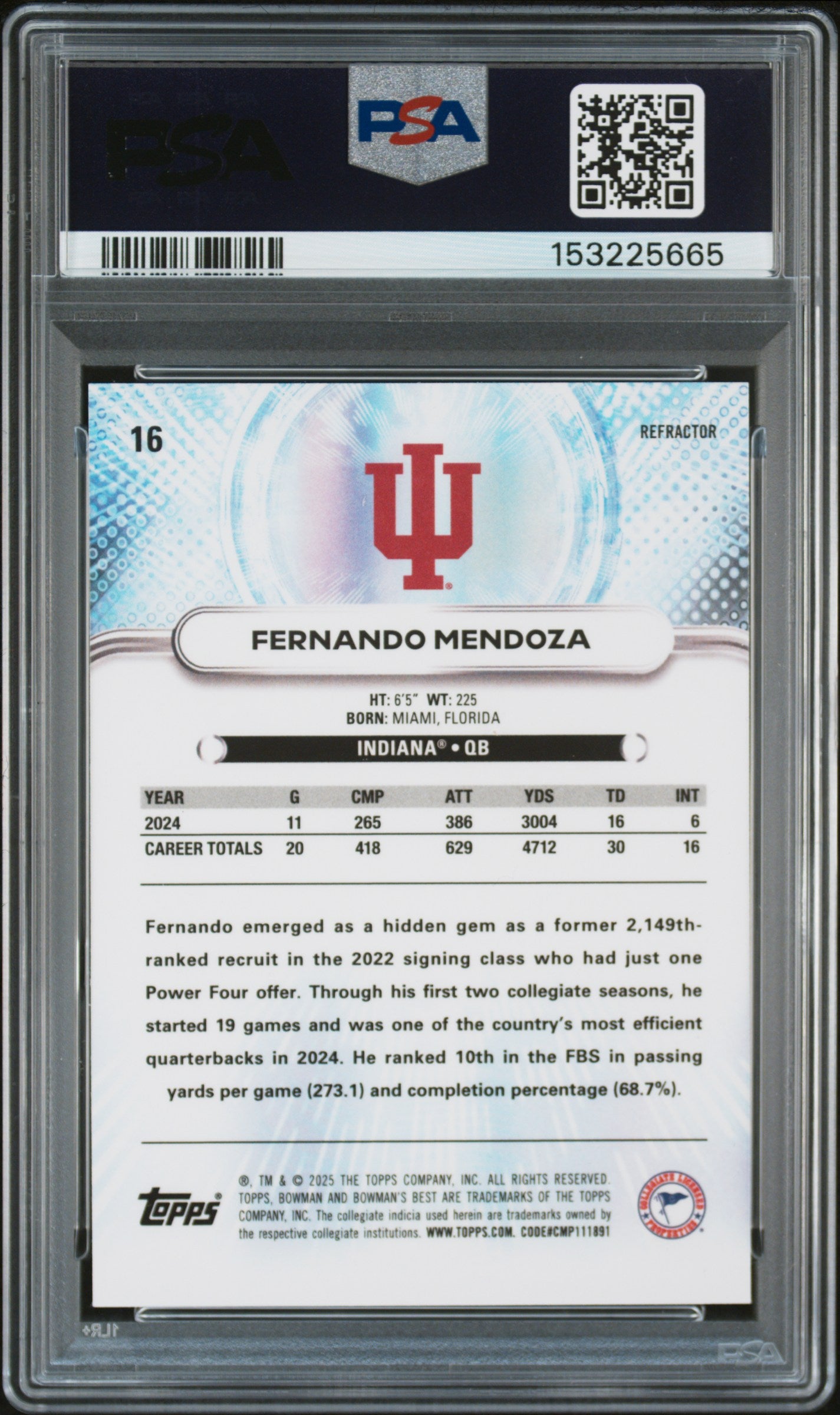 Fernando Mendoza RC 2025 Bowman U Best Refractor Rookie #16 PSA 8-2