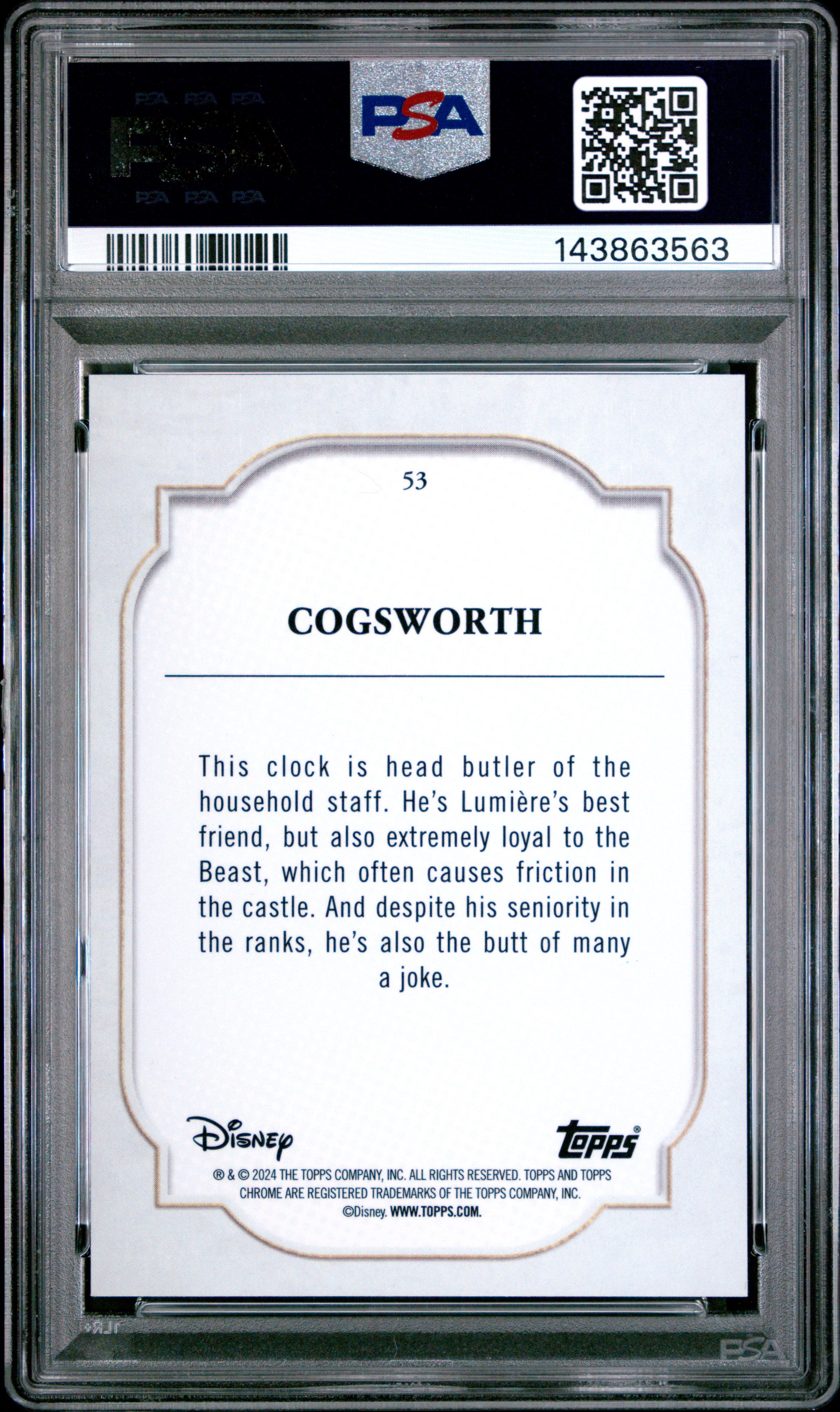 Cogsworth 2024 Topps Chrome Disney Black White Speckle SP 93/101 PSA 9-2