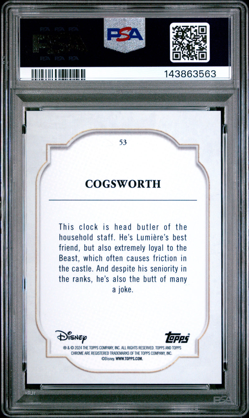 Cogsworth 2024 Topps Chrome Disney Black White Speckle SP 93/101 PSA 9-2