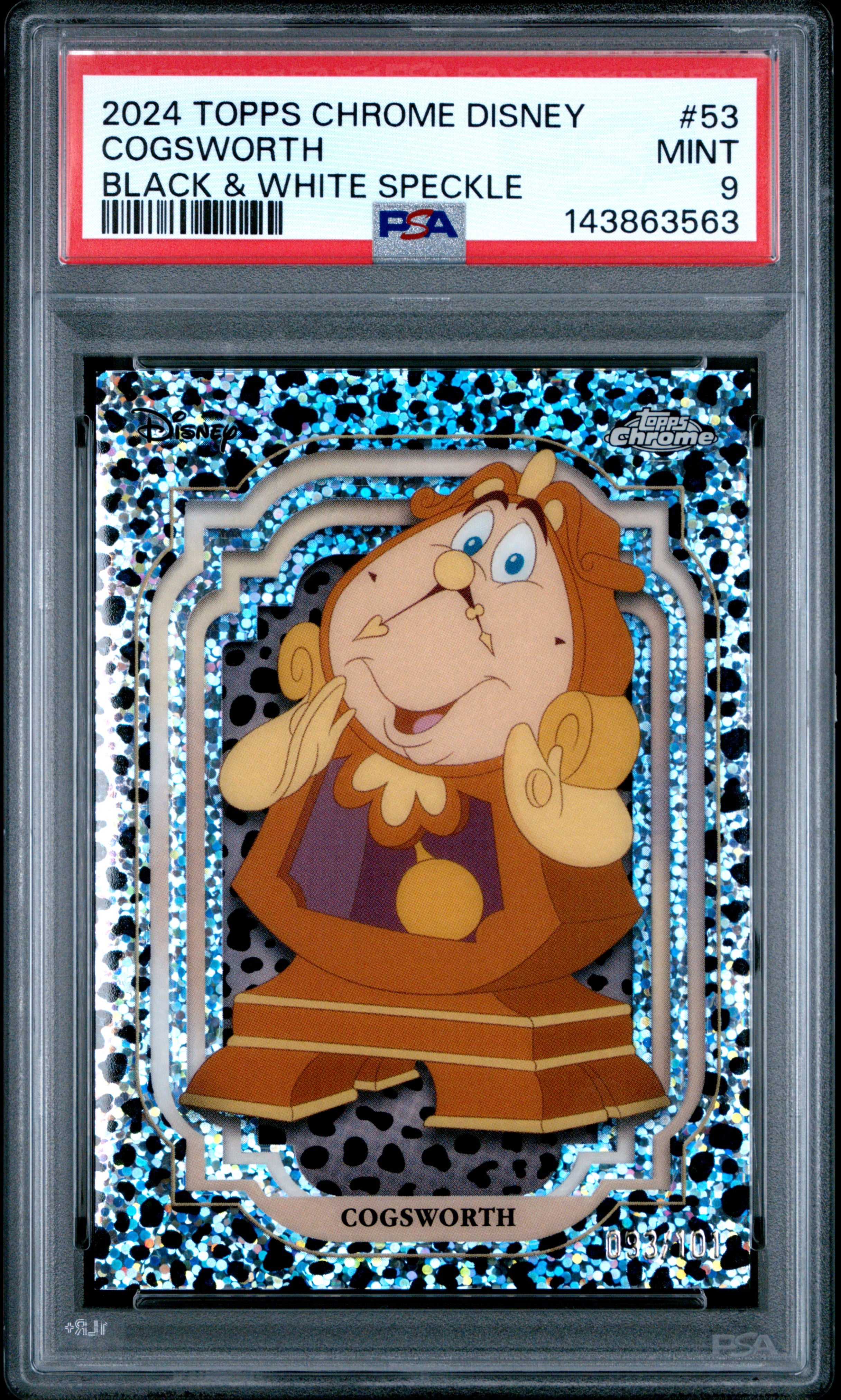 Cogsworth 2024 Topps Chrome Disney Black White Speckle SP 93/101 PSA 9