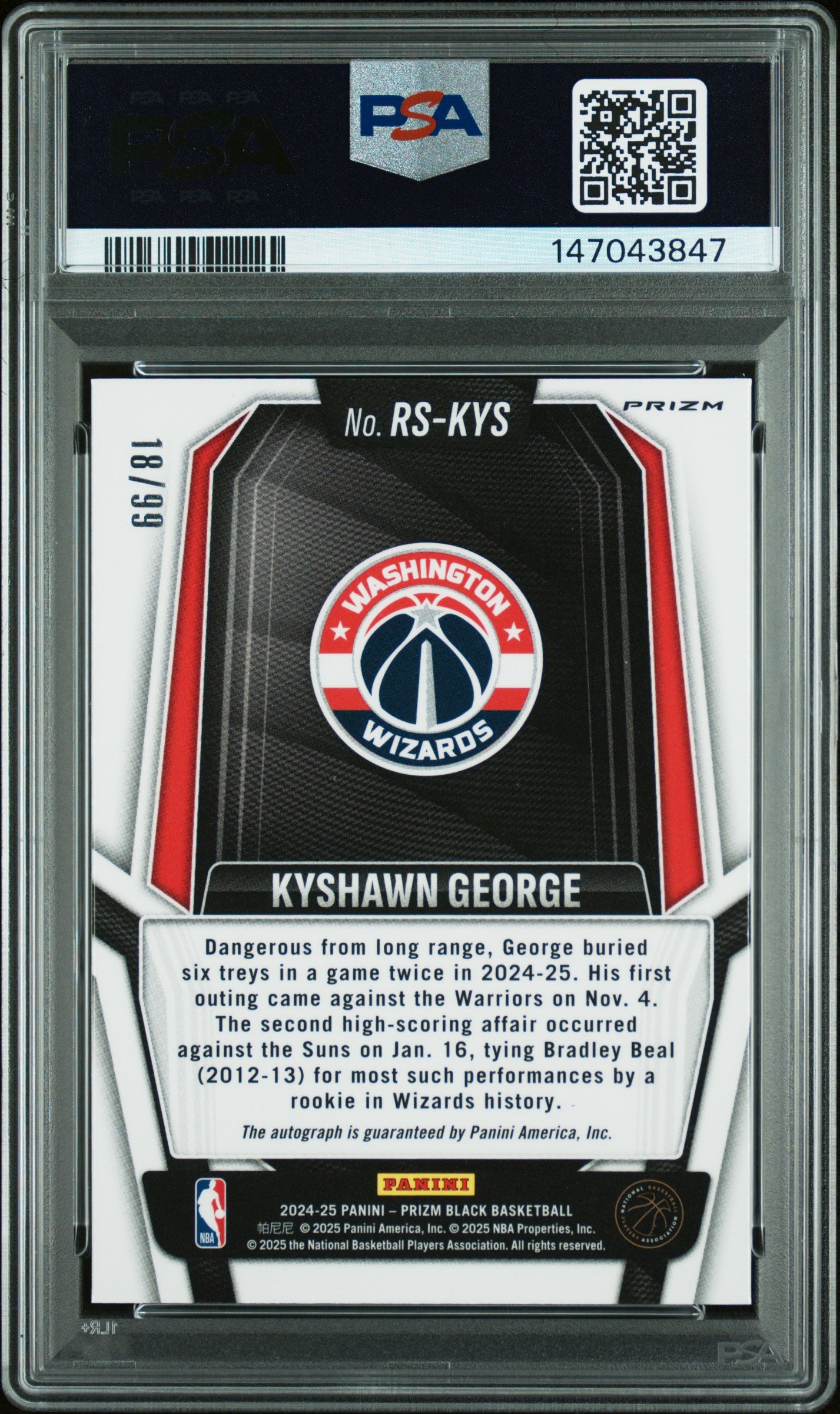 Kyshawn George RC 2024-25 Panini Prizm Black Red Rookie Auto SP 18/99 PSA 8-2