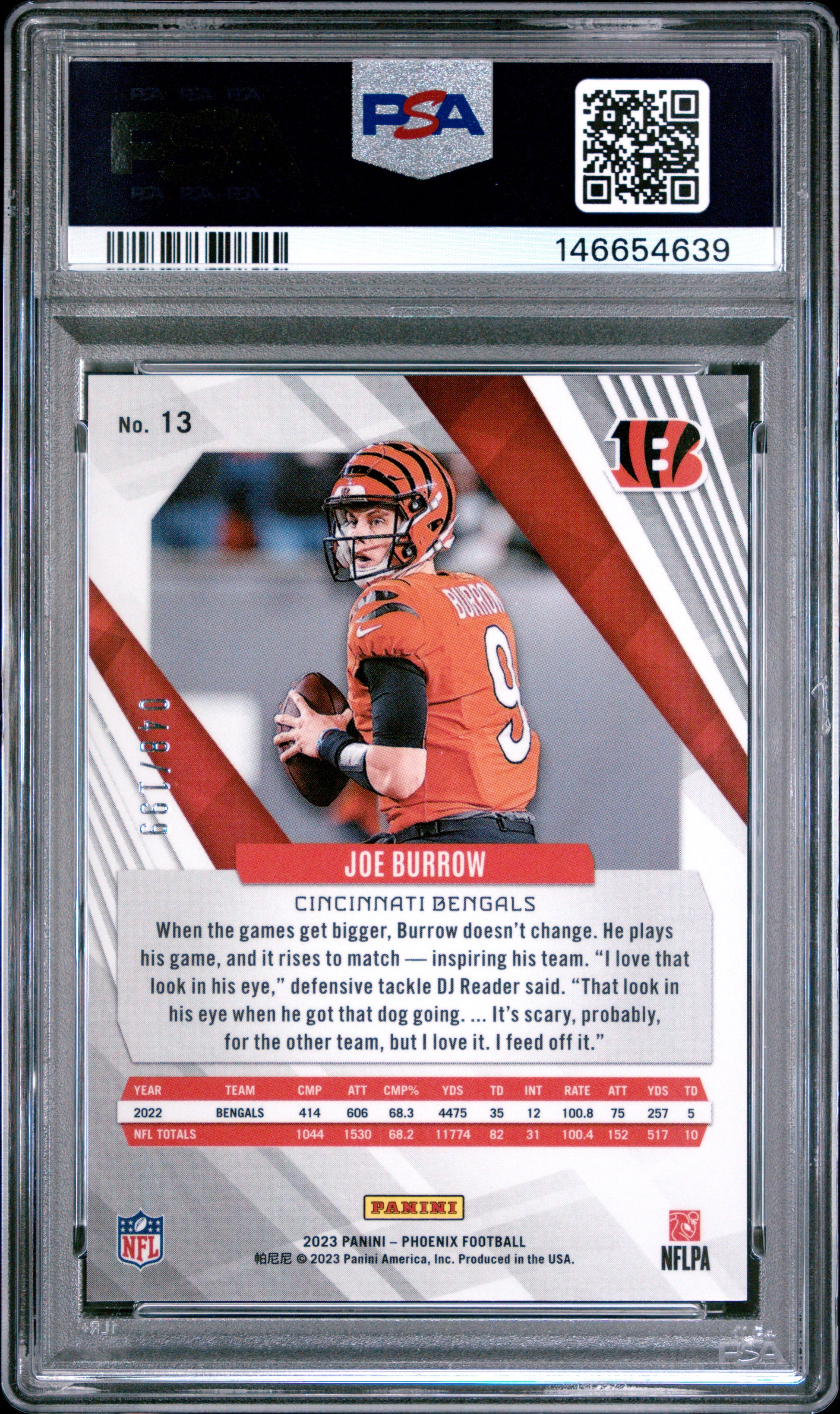 Joe Burrow 2023 Panini Phoenix Red Seismic SP 48/199 PSA 10-2