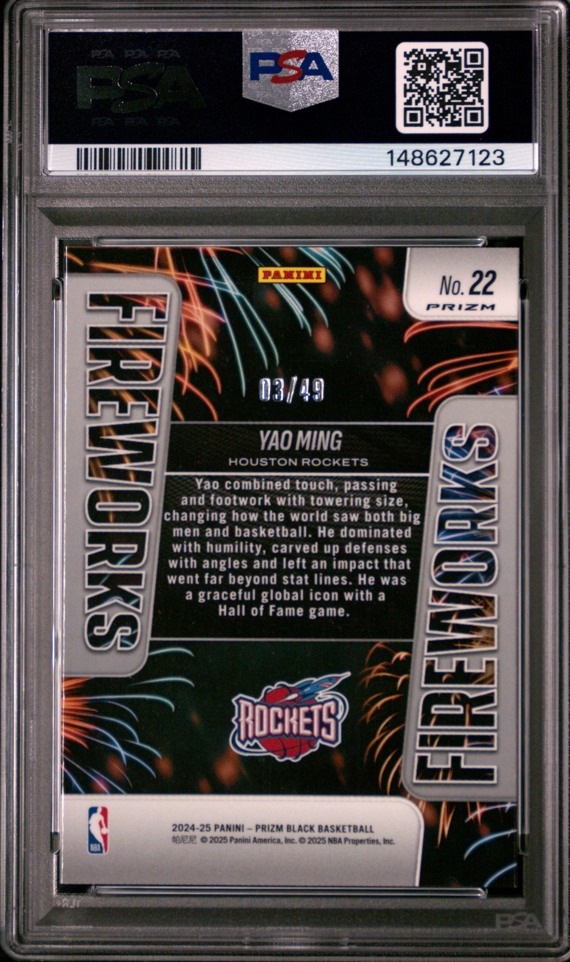 Yao Ming 2024-25 Panini Prizm Black Orange Fireworks SP 3/49 PSA 10-2