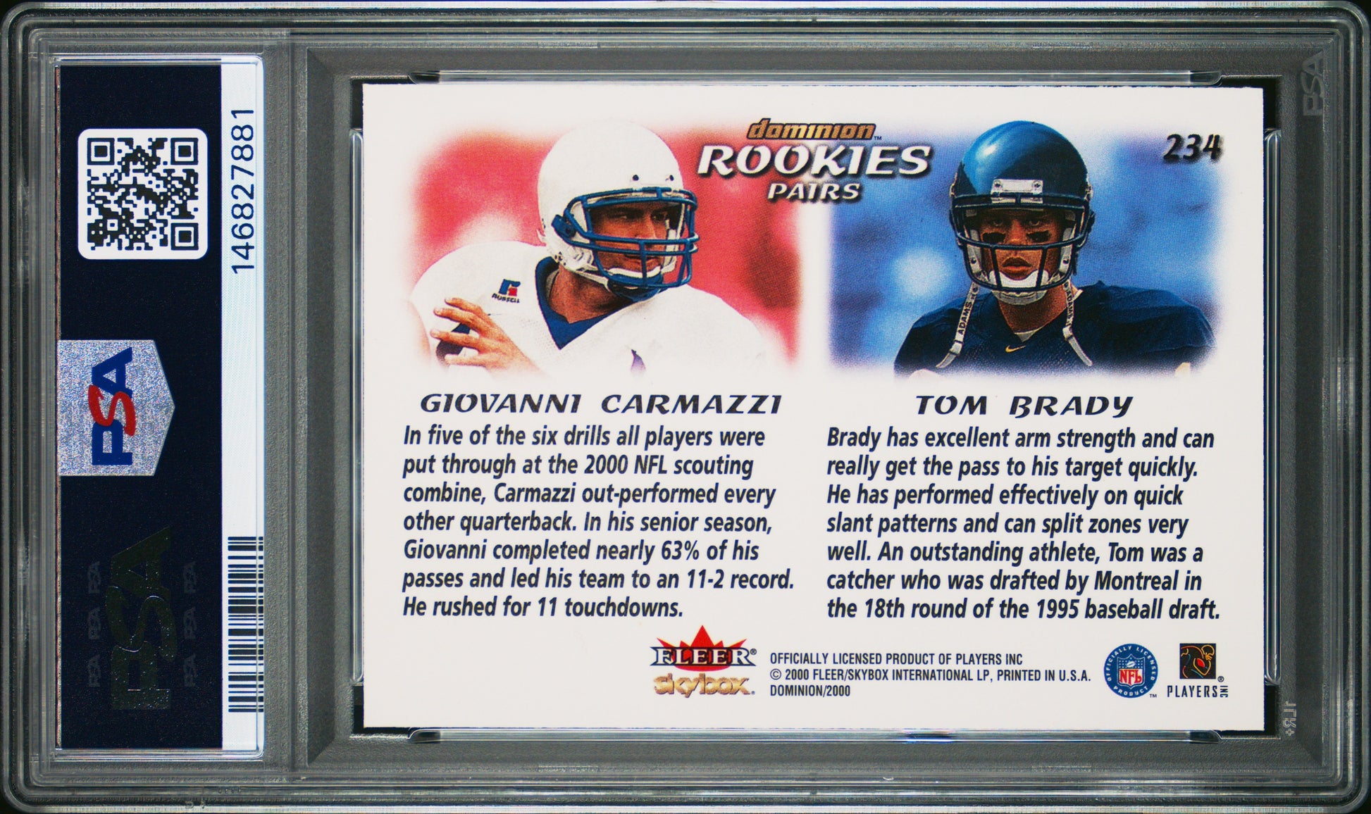 Tom Brady Giovanni Carmazzi RC 2000 Skybox Dominion Rookie #234 PSA 8-2