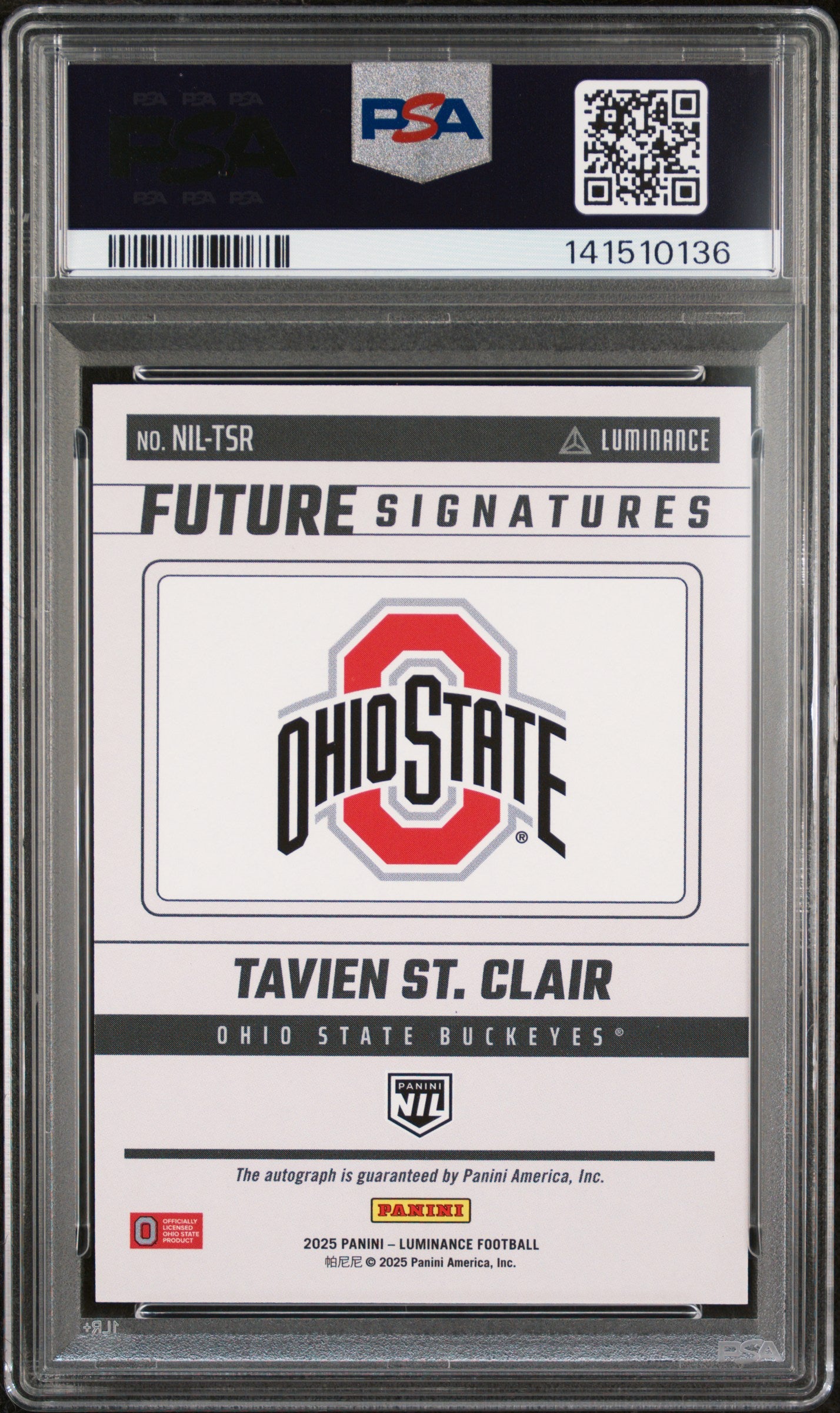 Julian Sayin RC 2025 Panini Luminance NIL Future Rookie Auto PSA 9-2