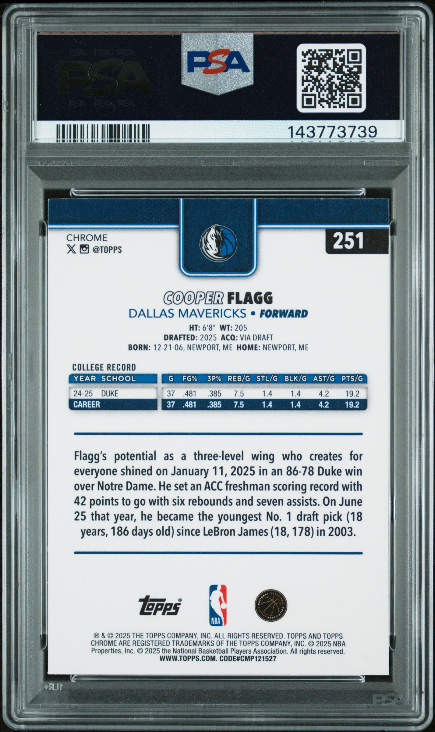 Cooper Flagg RC 2025-26 Topps Chrome Prism Refractor #251 PSA 8-2