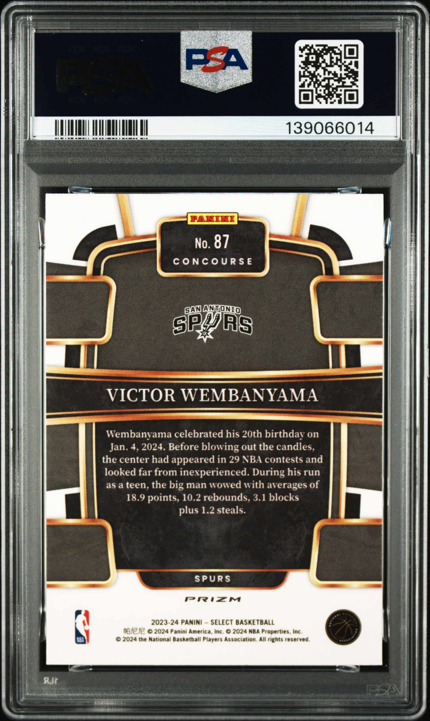Victor Wembanyama RC 2023-24 Panini Select Concourse Silver Rookie #87 PSA 9-2