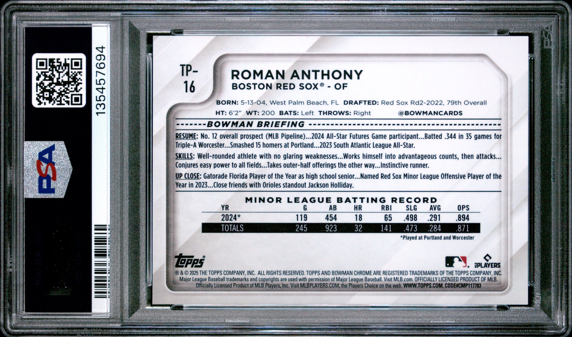 Roman Anthony RC 2025 Bowman Chrome National Convention Gold Prospect Rookie SP 50/50 PSA 9-2