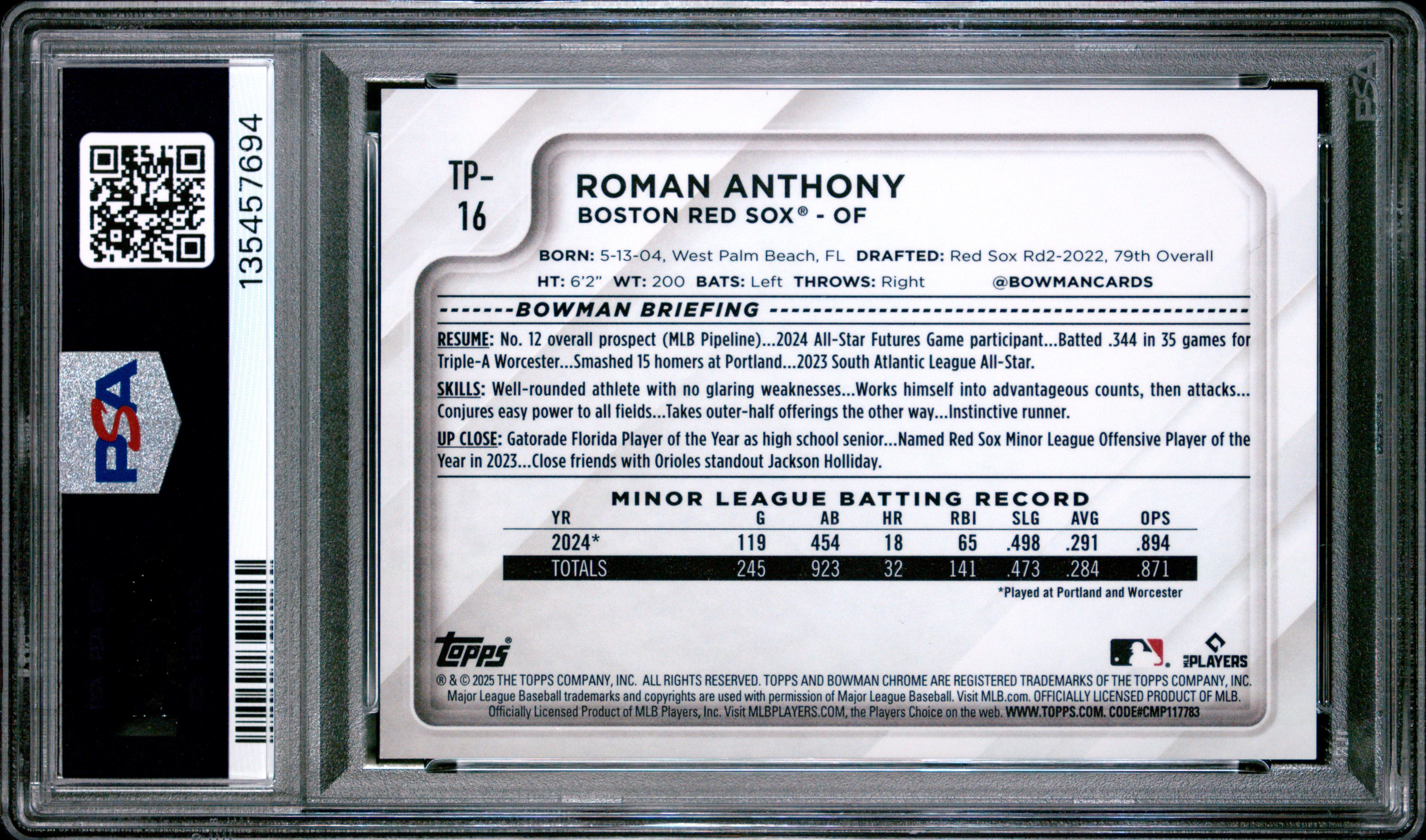 Roman Anthony RC 2025 Bowman Chrome National Convention Gold Prospect Rookie SP 50/50 PSA 9-2
