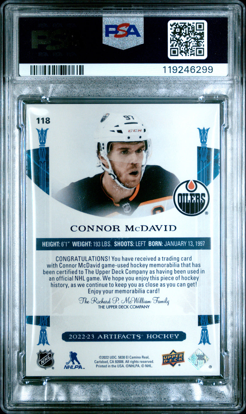 Connor Mcdavid 2022-23 Upper Deck Artifacts Green Dual Game Used Patch SP 19/35 PSA 9-2