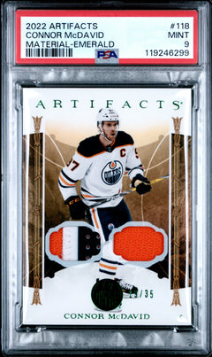 Connor Mcdavid 2022-23 Upper Deck Artifacts Green Dual Game Used Patch SP 19/35 PSA 9-1