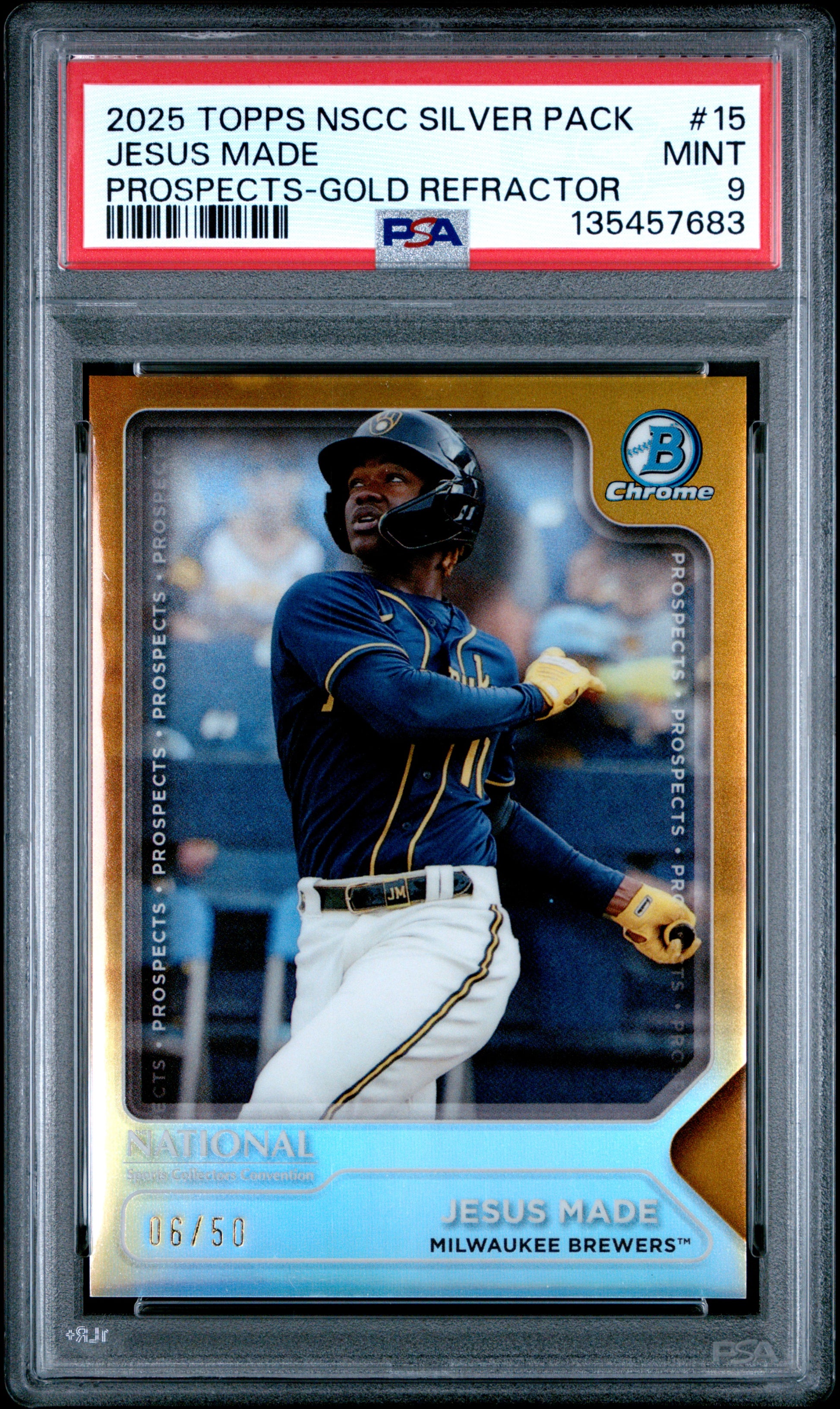 Jesus Made RC 2025 Bowman Chrome National Convention Gold Prospect Rookie SP 6/50 PSA 9-1