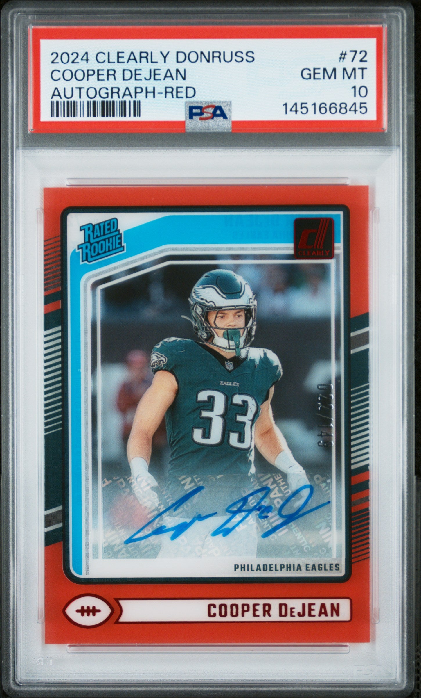 Cooper Dejean RC 2024 Clearly Donruss Red Rated Rookie Auto SP 22/149 PSA 10-1