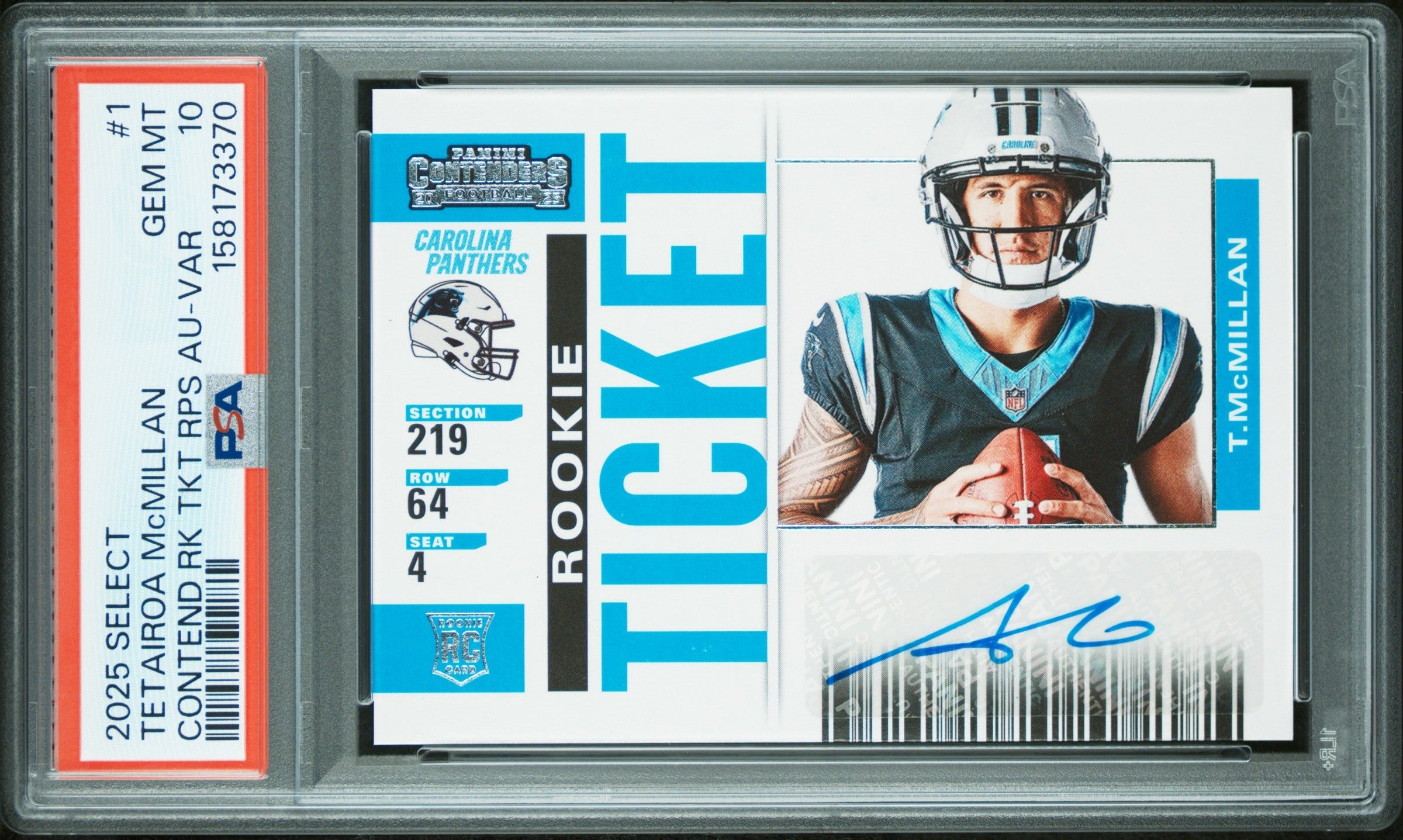 Tetairoa Mcmillan RC 2025 Panini Select Contenders Preview Variation Rookie Ticket Auto #1 PSA 10