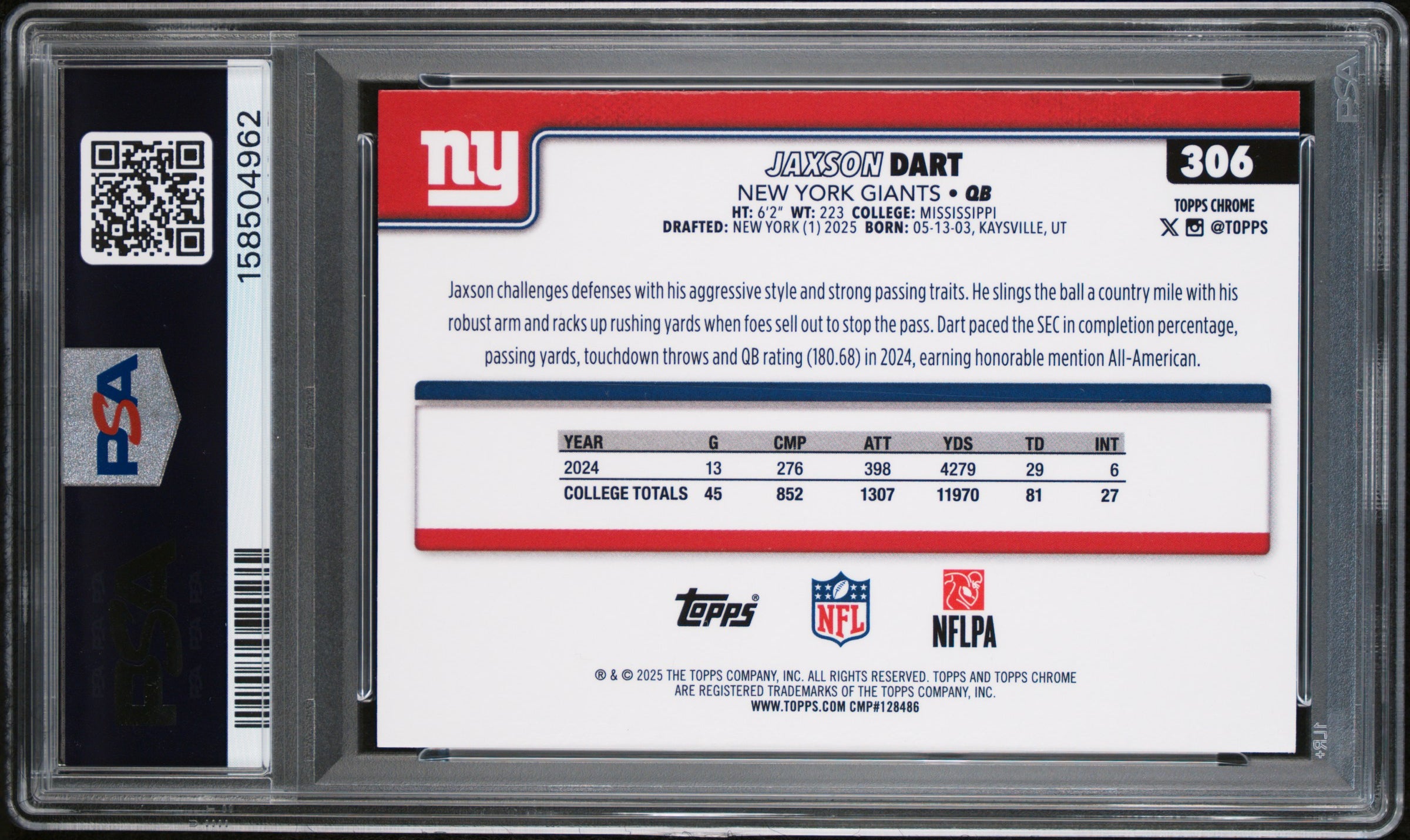 Jaxson Dart RC 2025 Topps Chrome Variation Rookie #306 PSA 8-2