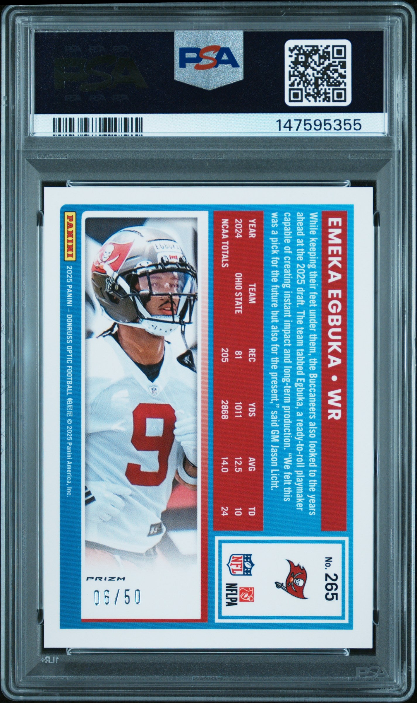 Emeka Egbuka RC 2025 Donruss Optic Lime Green Rated Rookie SP 6/50 PSA 8