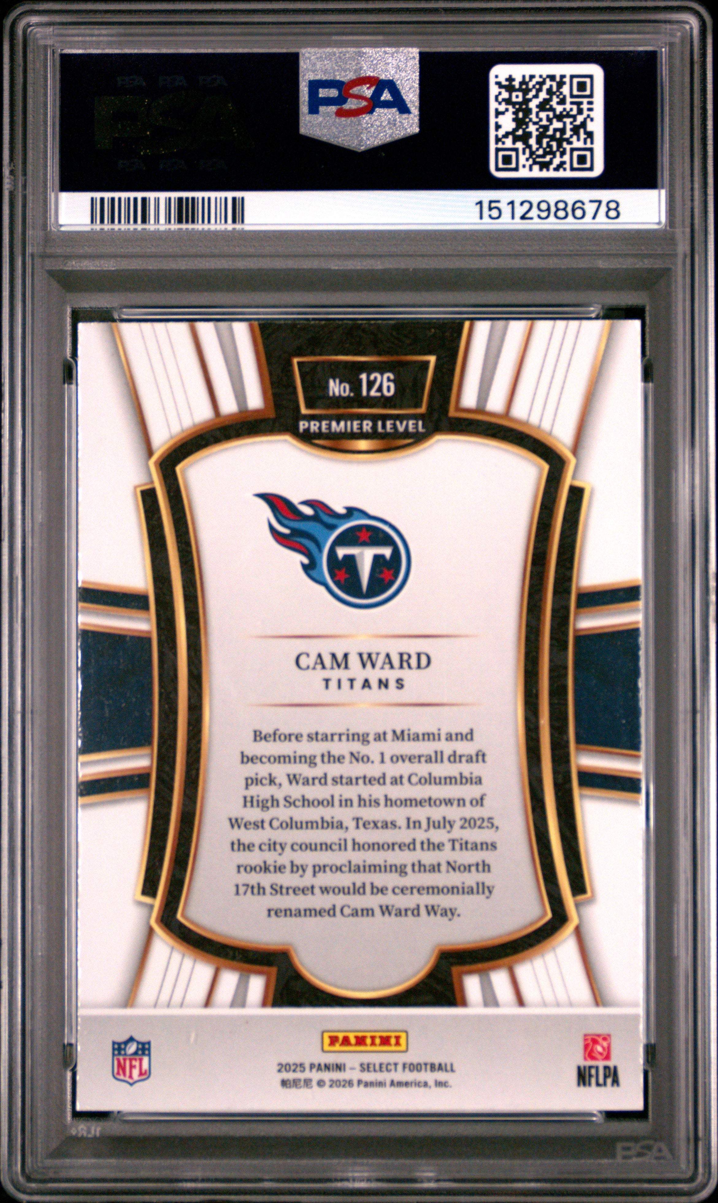Cam Ward RC 2025 Panini Select Premier Level Rookie #126 PSA 10