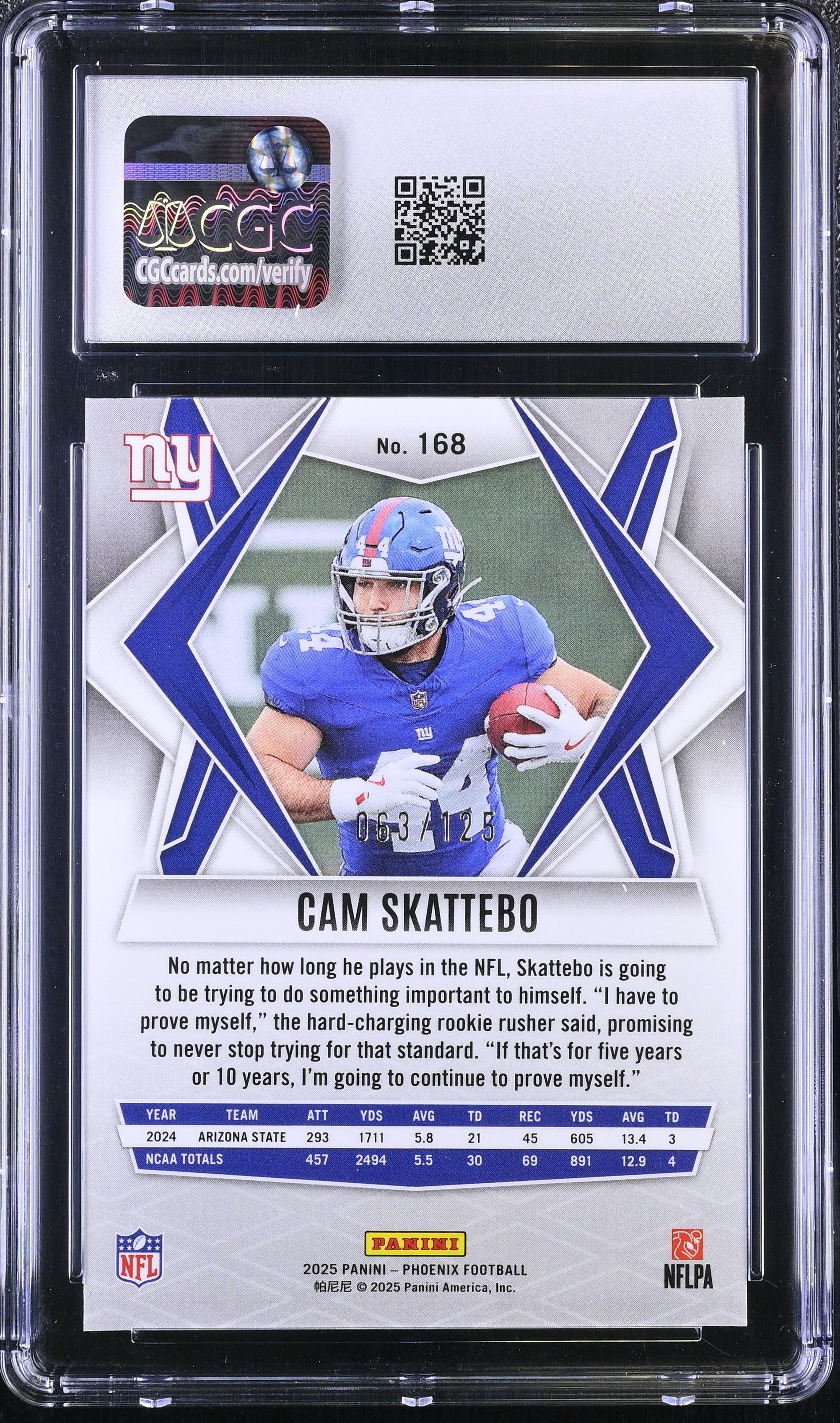 Cam Skattebo RC 2025 Panini Phoenix Bronze Pandora Rookie SP 63/125 CGC 10
