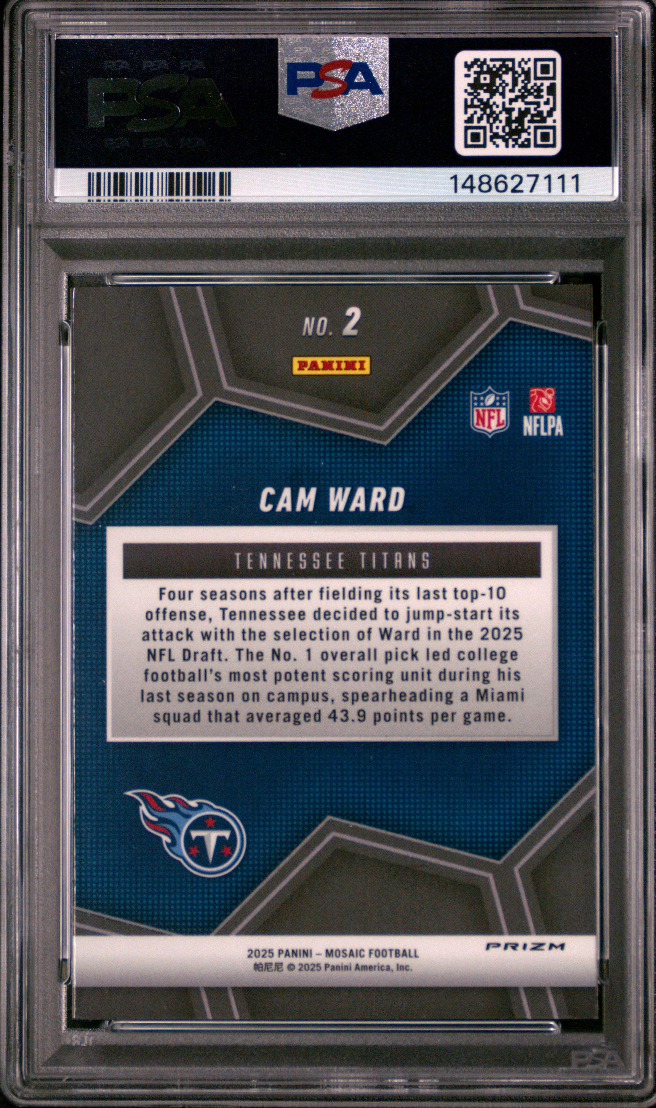 Cam Ward RC 2025 Panini Mosaic Silver Mosaic Overdrive #2 PSA 10