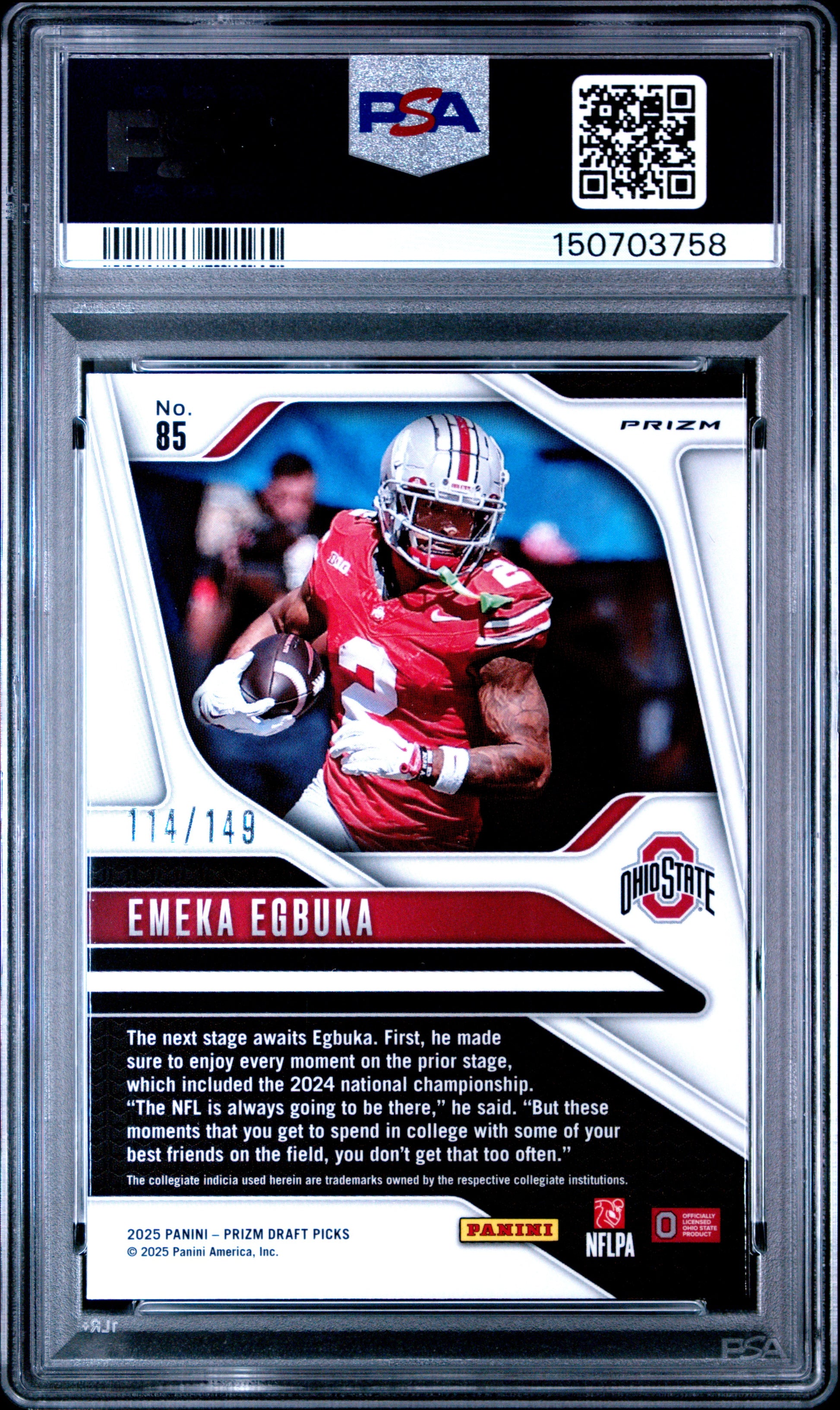 Emeka Egbuka RC 2025 Panini Prizm Draft Blue Ice Rookie SP 114/149 PSA 10-2