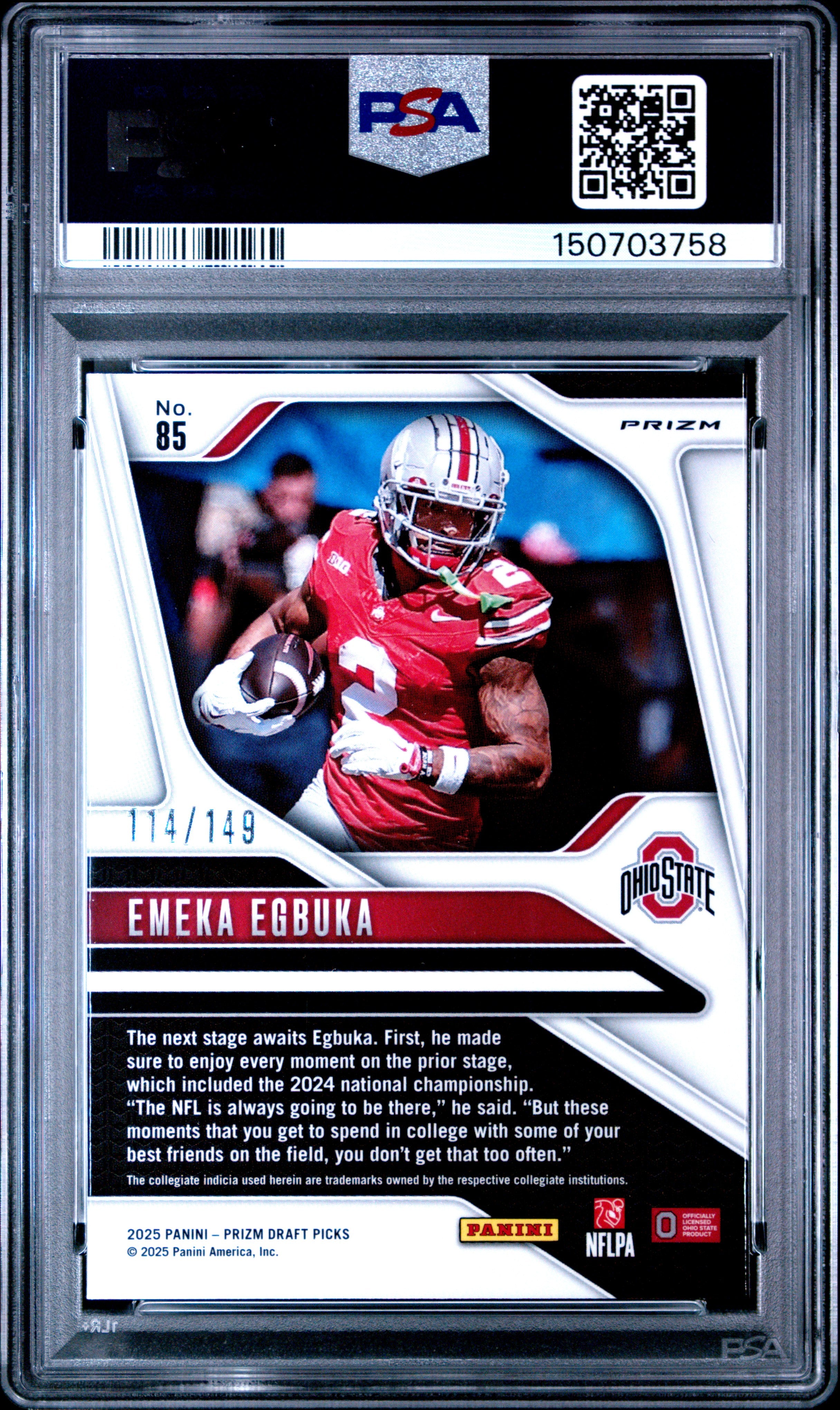 Emeka Egbuka RC 2025 Panini Prizm Draft Blue Ice Rookie SP 114/149 PSA 10