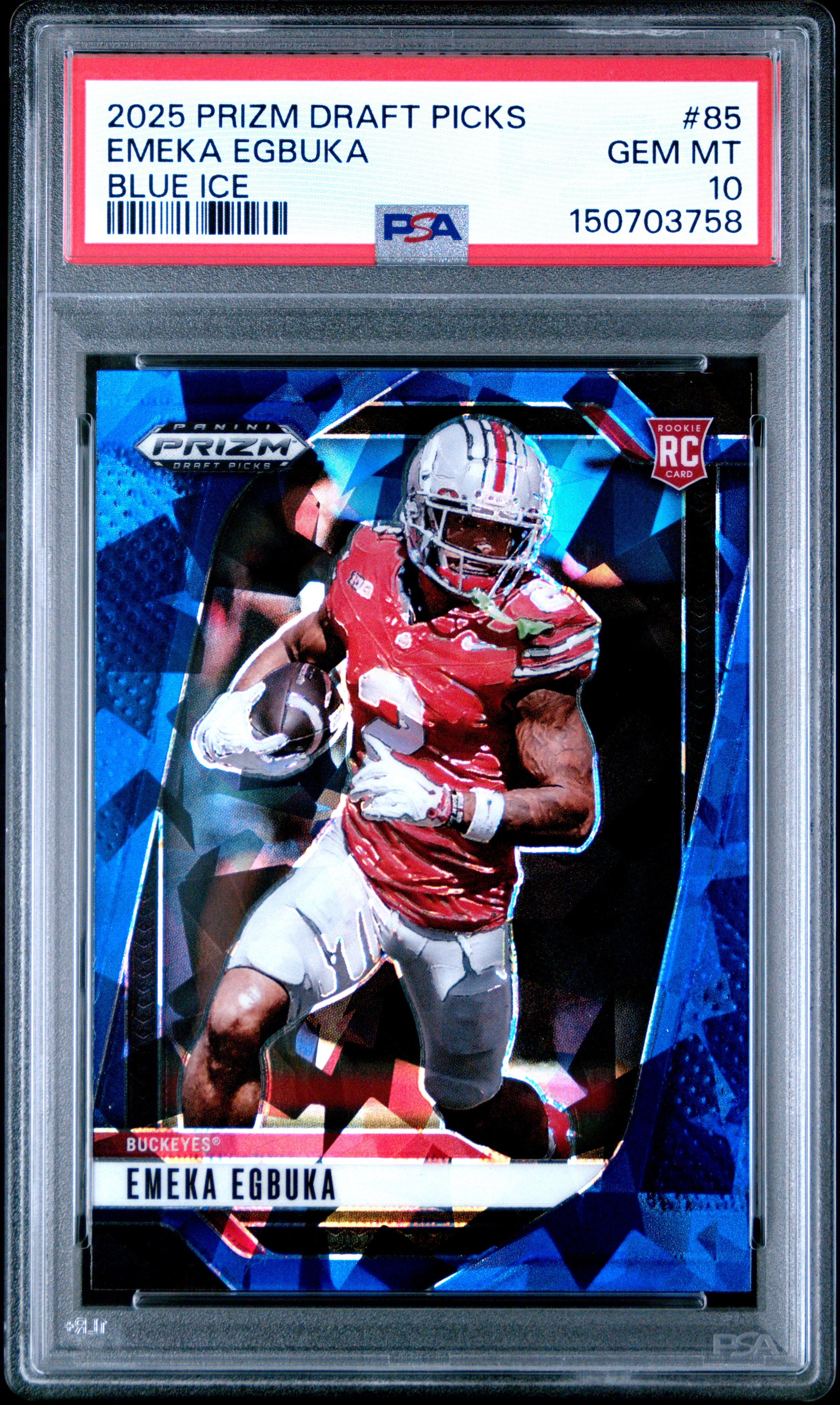 Emeka Egbuka RC 2025 Panini Prizm Draft Blue Ice Rookie SP 114/149 PSA 10