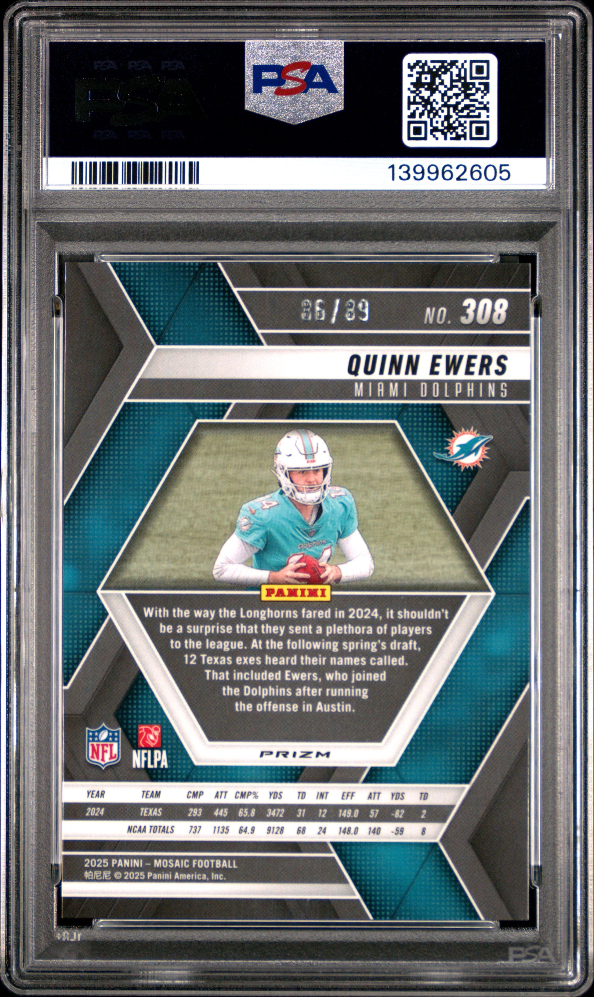 Quinn Ewers RC 2025 Panini Mosaic Red Yellow Fusion Rookie SP 86/89 PSA 10-2