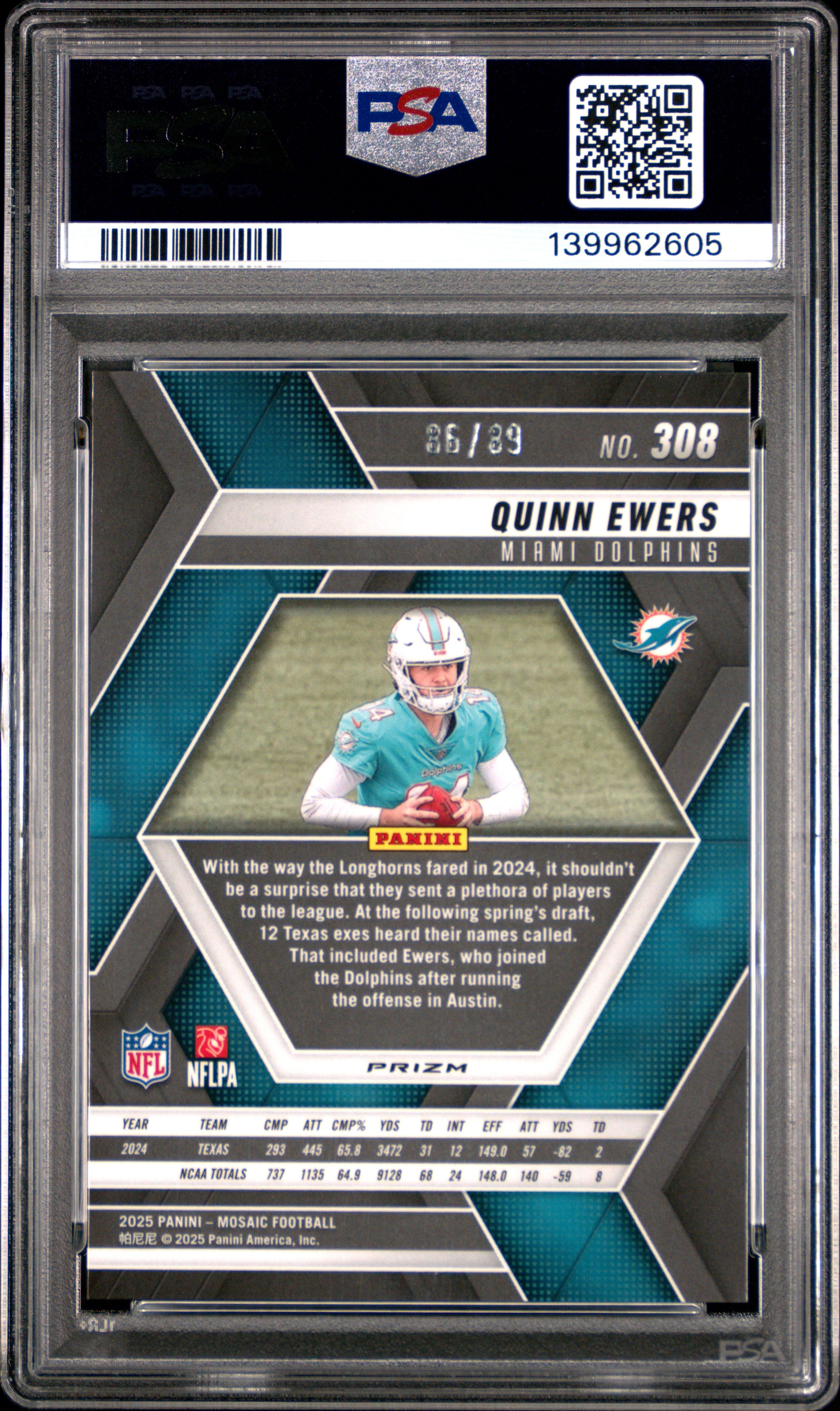 Quinn Ewers RC 2025 Panini Mosaic Red Yellow Fusion Rookie SP 86/89 PSA 10-2