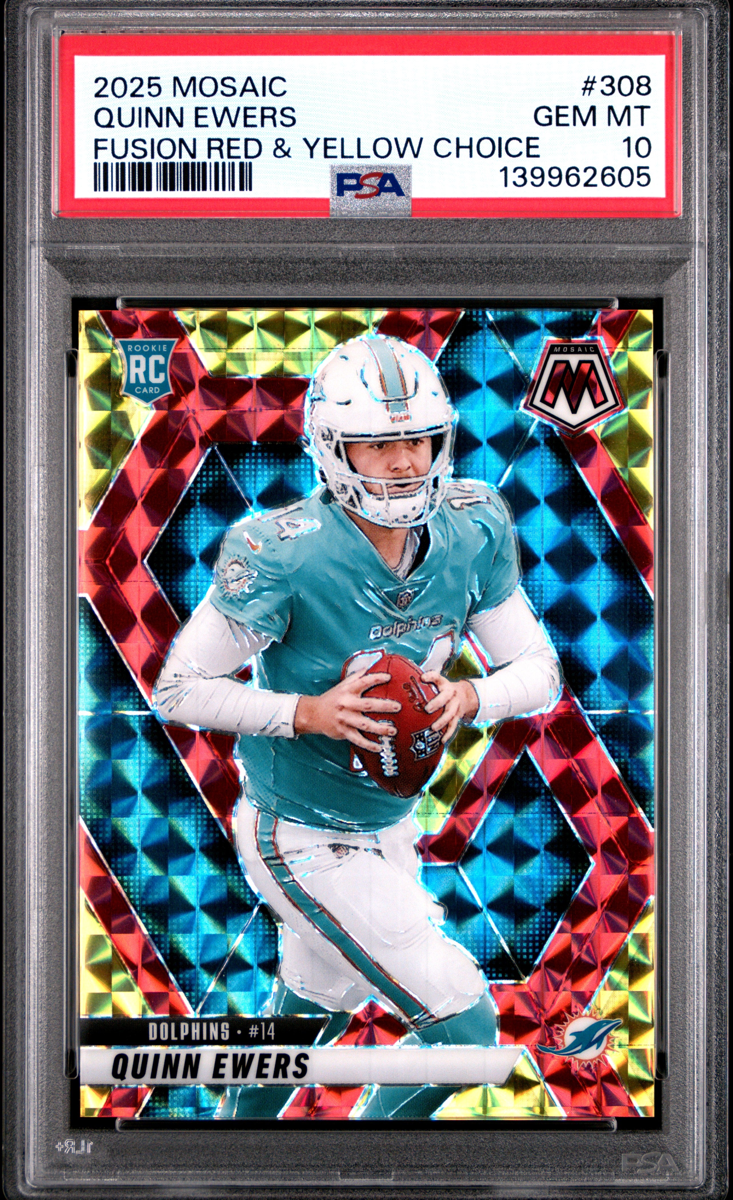 Quinn Ewers RC 2025 Panini Mosaic Red Yellow Fusion Rookie SP 86/89 PSA 10