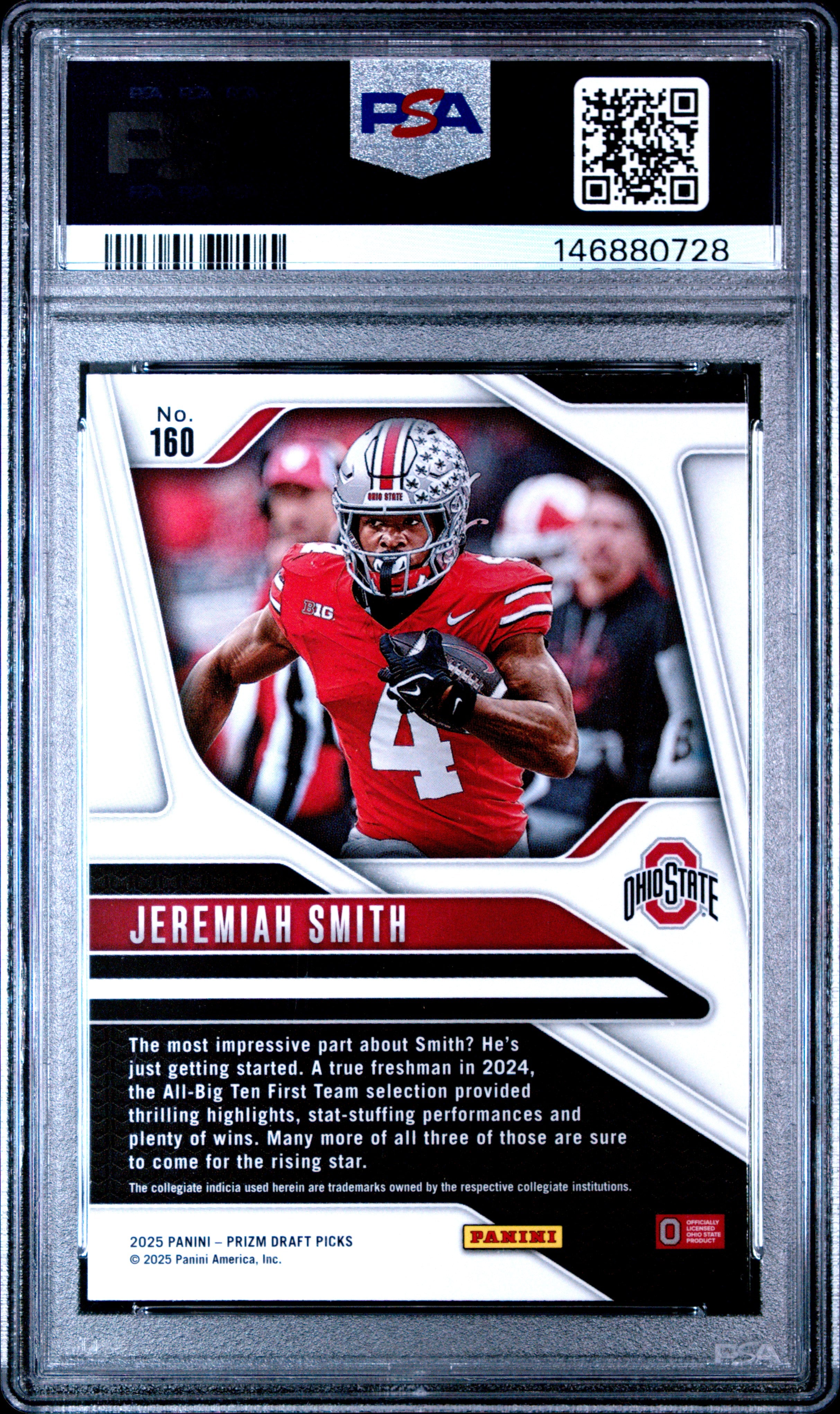 Jeremiah Smith RC 2025 Panini Prizm Draft Rated Prospect Rookie #160 PSA 10