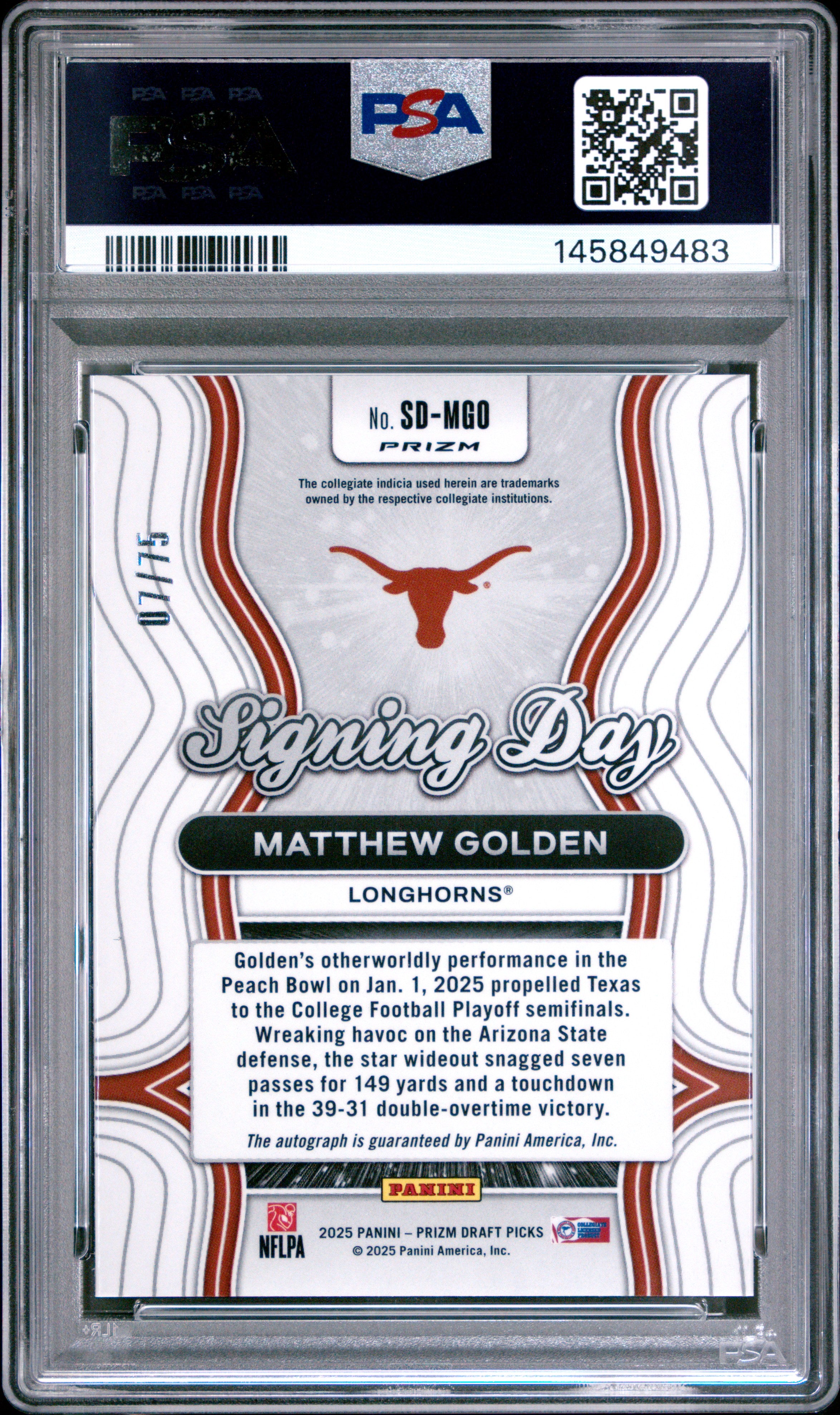 Matthew Golden RC 2025 Panini Prizm Draft Orange Pulsar Rookie Signing Day Auto 7/75 PSA 10