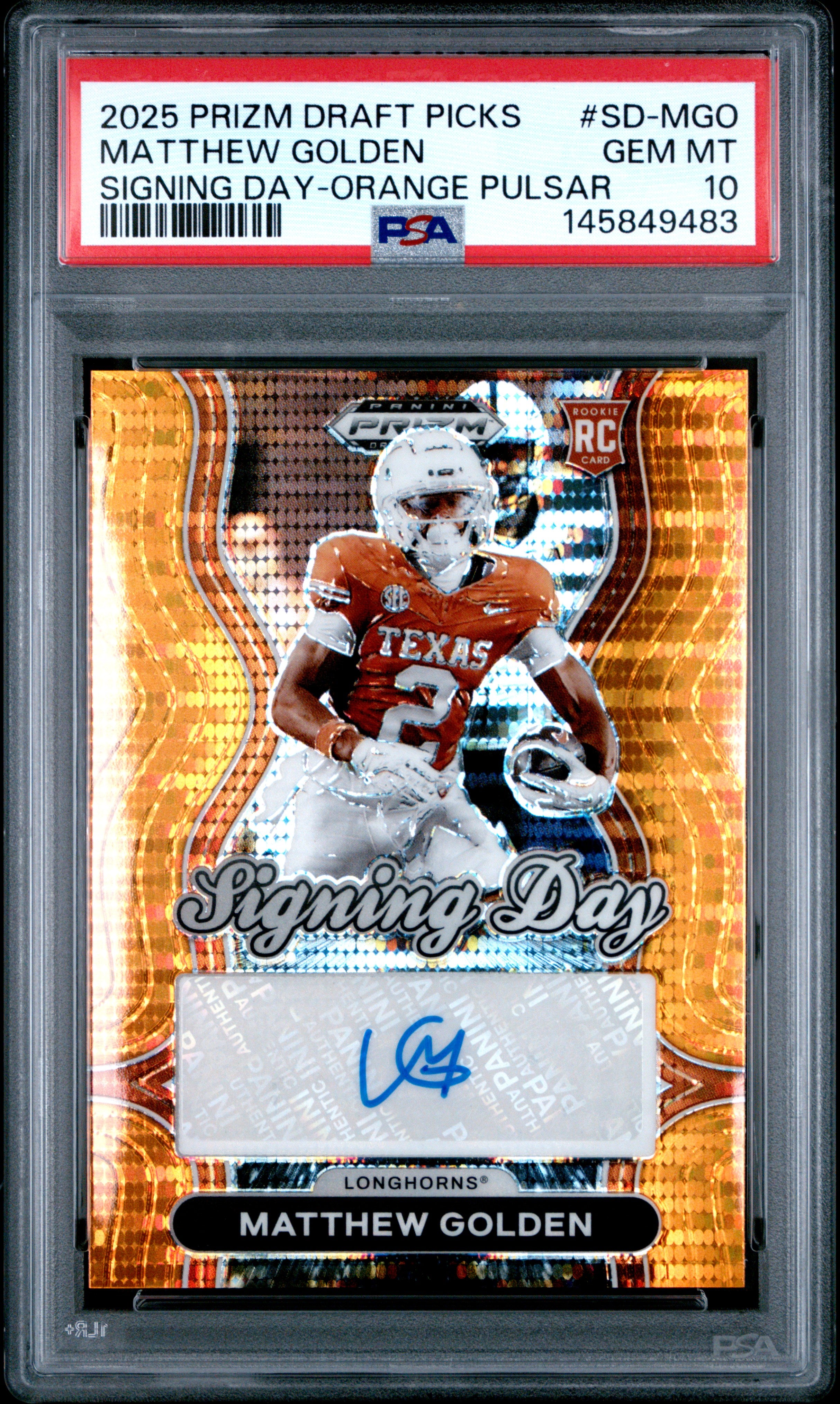 Matthew Golden RC 2025 Panini Prizm Draft Orange Pulsar Rookie Signing Day Auto 7/75 PSA 10