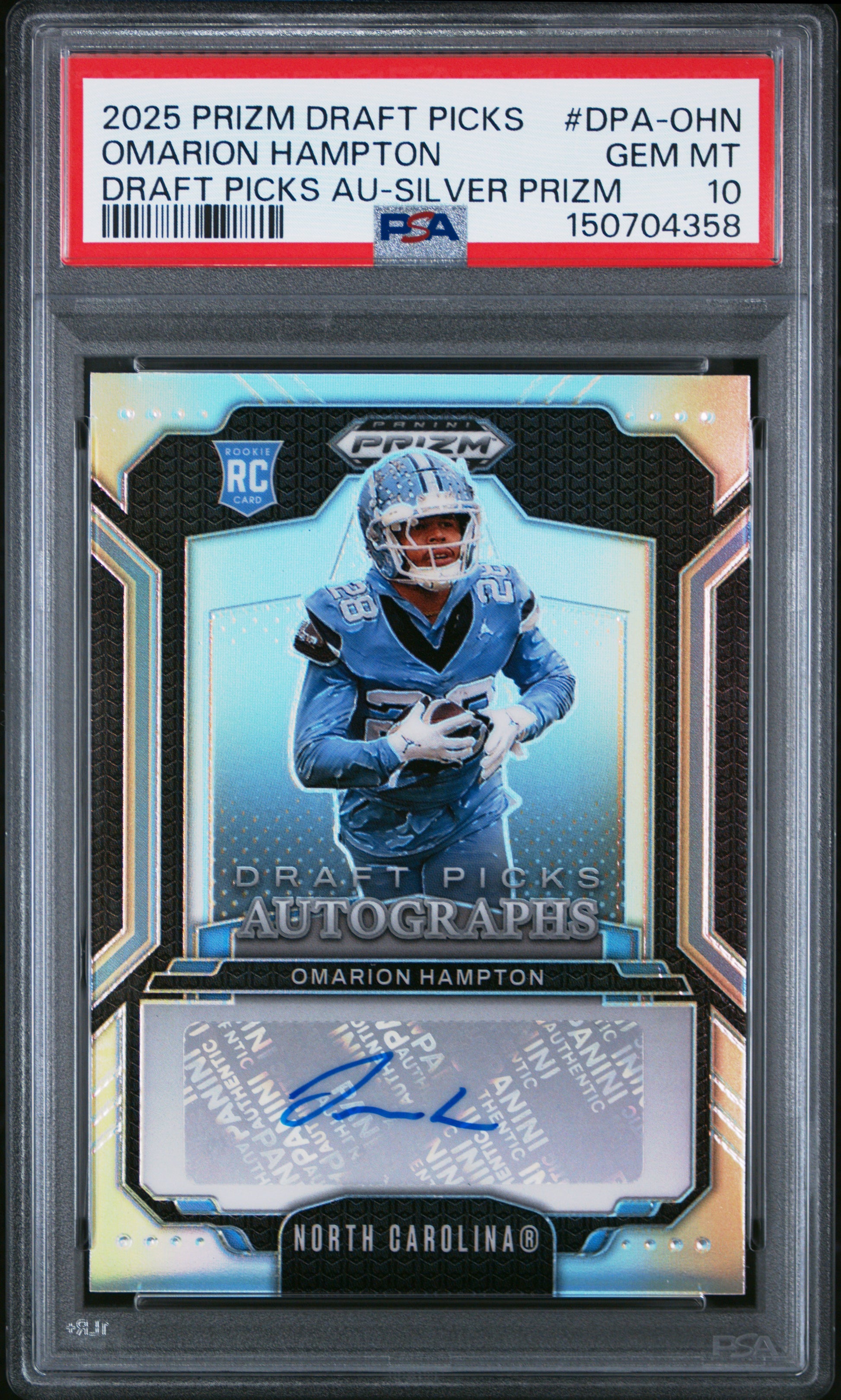 Omarion Hampton RC 2025 Panini Prizm Draft Silver Rookie Auto PSA 10-1