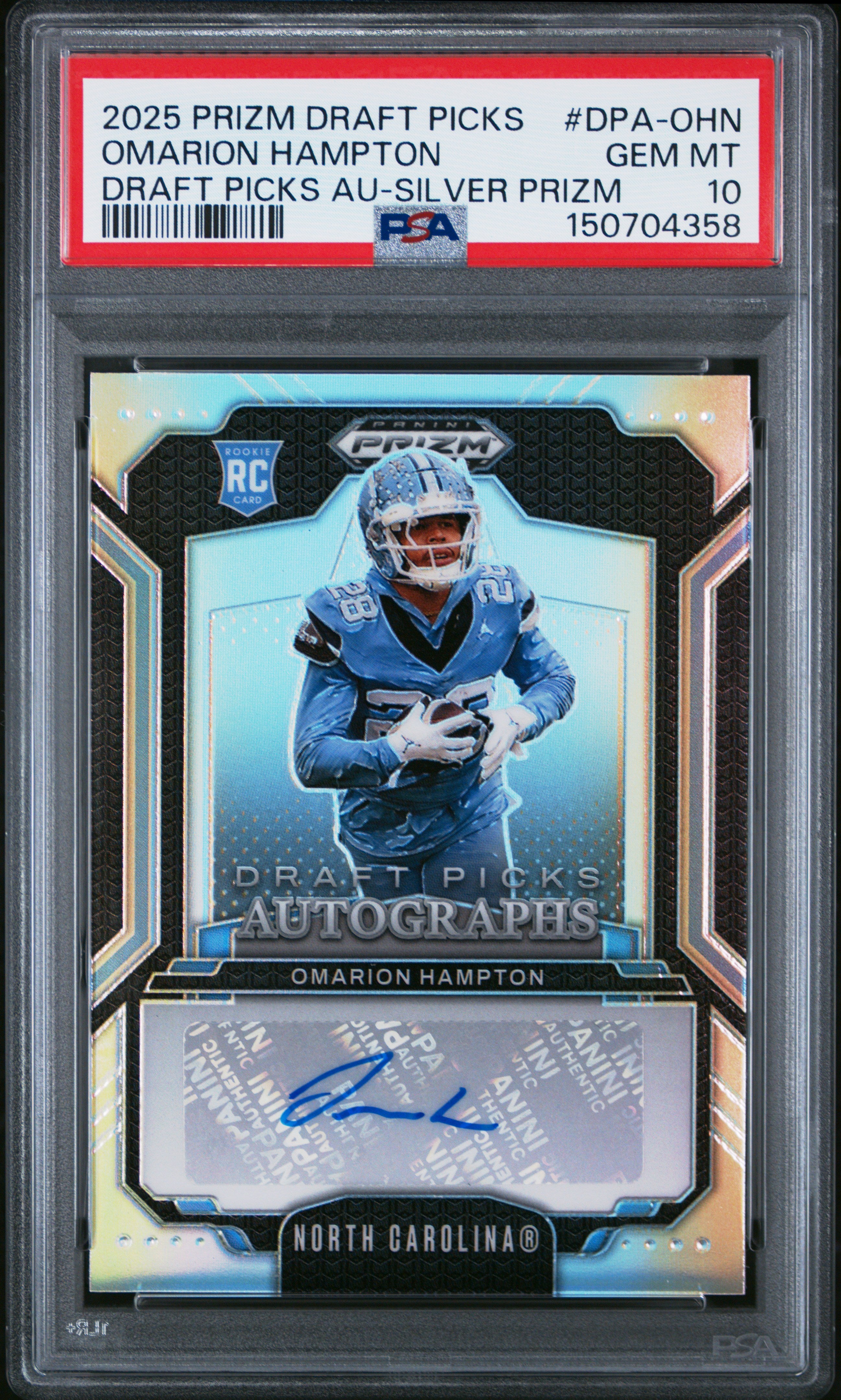 Omarion Hampton RC 2025 Panini Prizm Draft Silver Rookie Auto PSA 10